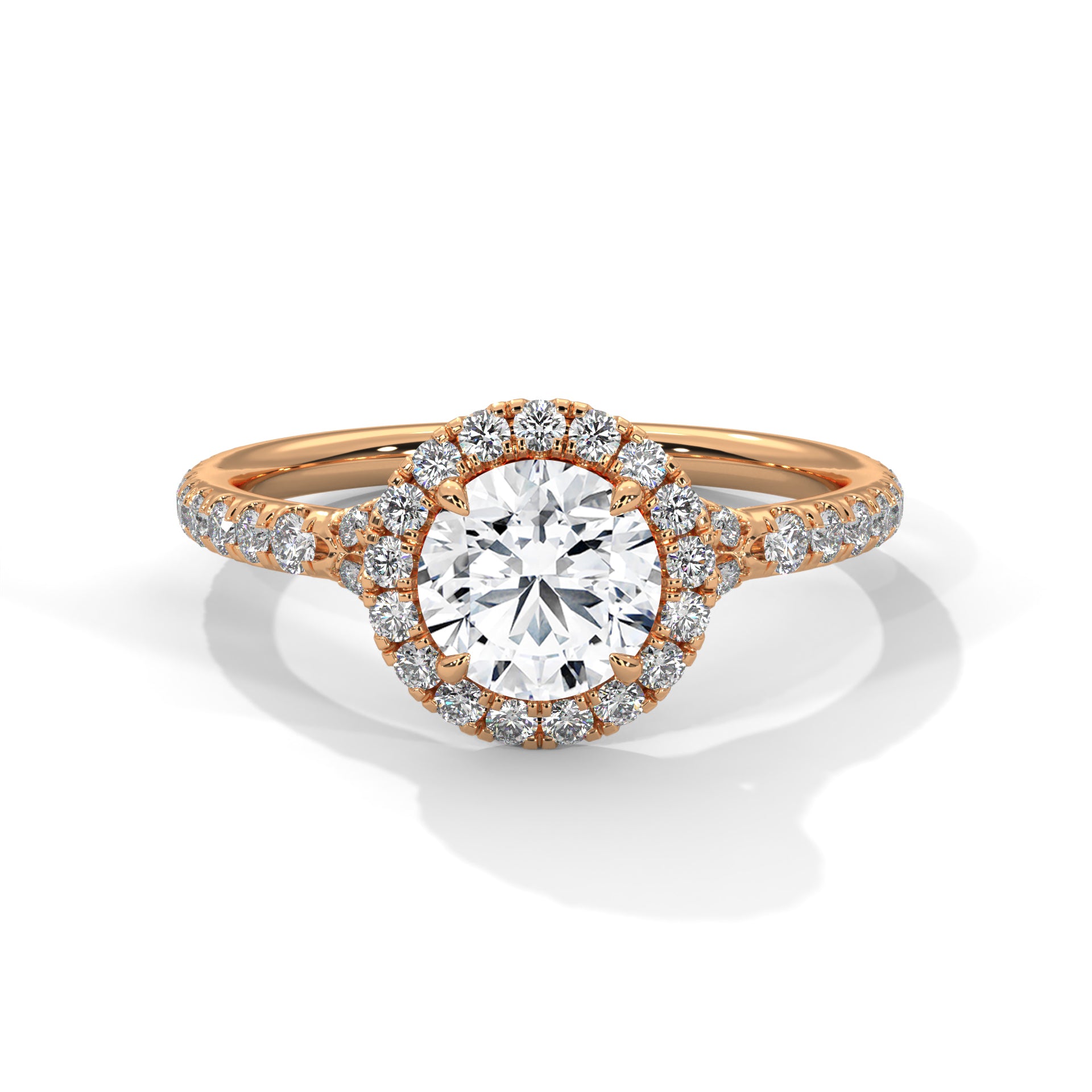 1–3 Carat Round Lab Grown Diamond Halo Engagement Ring – Pave Band in 18K Gold