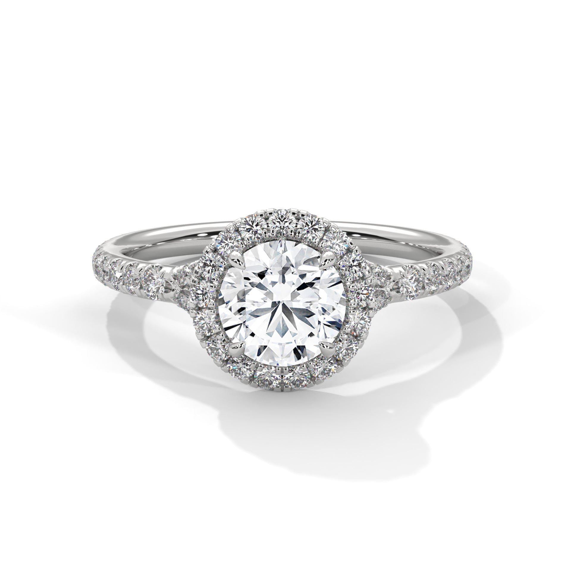 1–3 Carat Round Lab Grown Diamond Halo Engagement Ring – Pave Band in 18K Gold