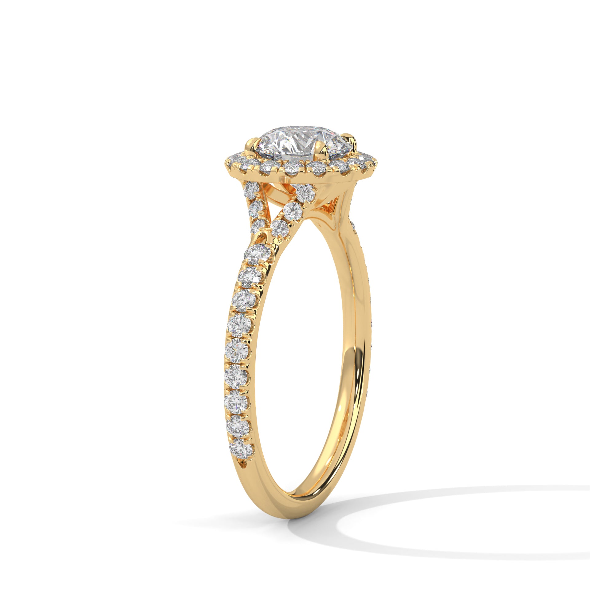 1–3 Carat Round Lab Grown Diamond Halo Engagement Ring – Pave Band in 18K Gold