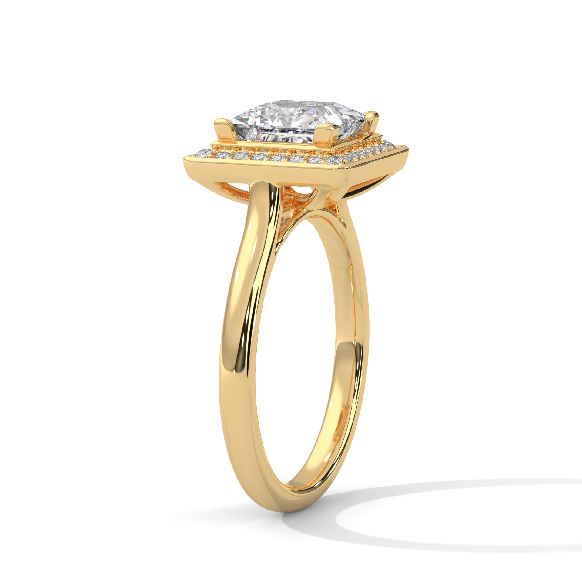 1–3 Carat Princess Lab Grown Diamond Halo Engagement Ring – Four Prong Setting with Plain Band in 18K Gold