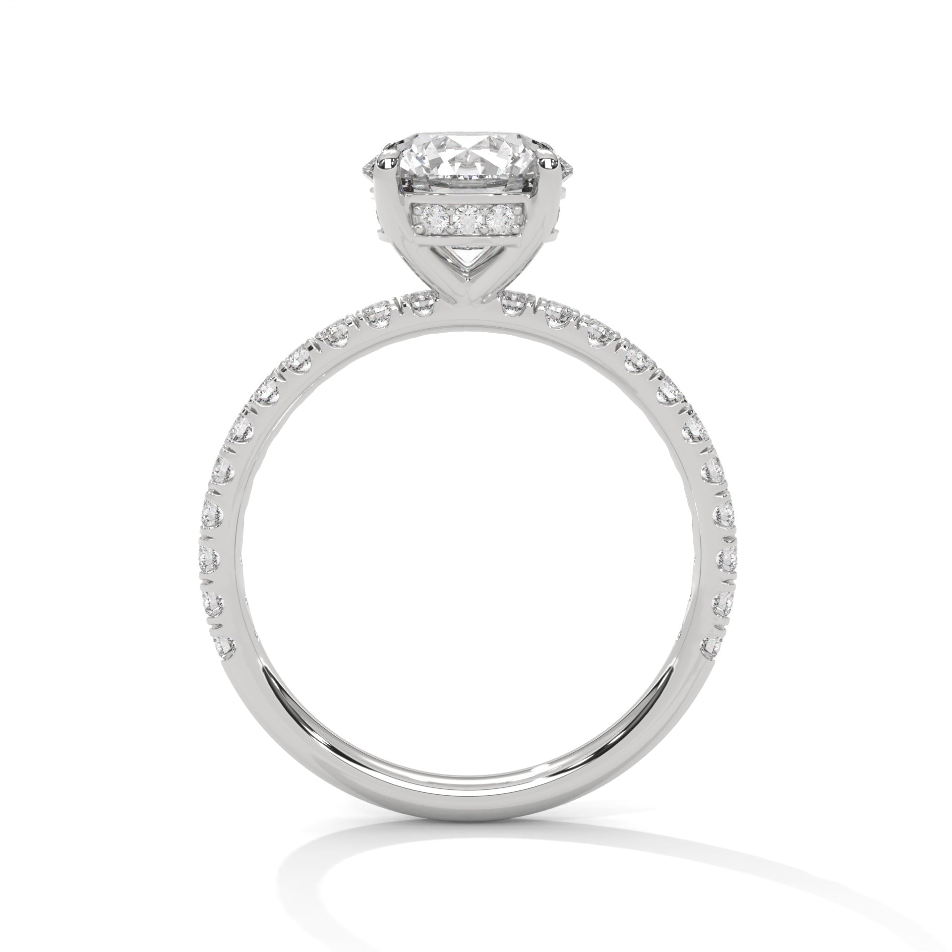 1–3 Carat Round Lab Grown Diamond Solitaire Ring with Hidden Halo & Pavé Band – Four Prong Setting in 18K Gold