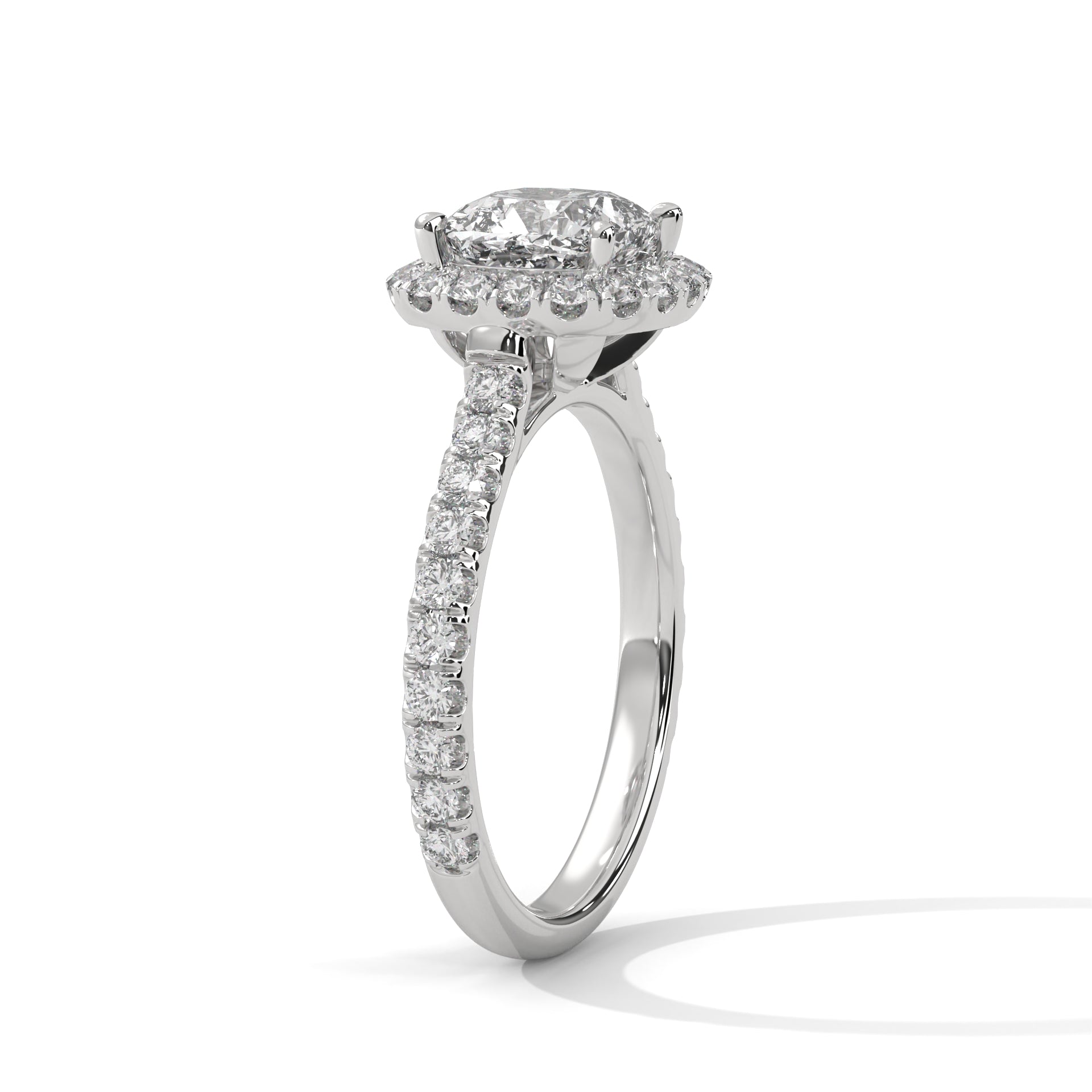 1–3 Carat Cushion Lab Grown Solitaire Diamond Halo Ring – Pavé Band, 18K