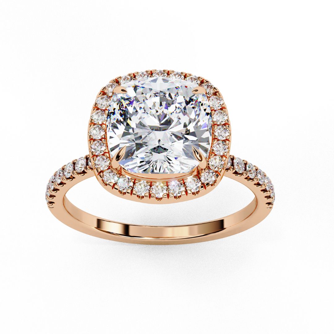1–2 Carat Cushion Cut Lab Grown Solitaire Diamond Halo Engagement Ring in 18K Gold | Pavé Band
