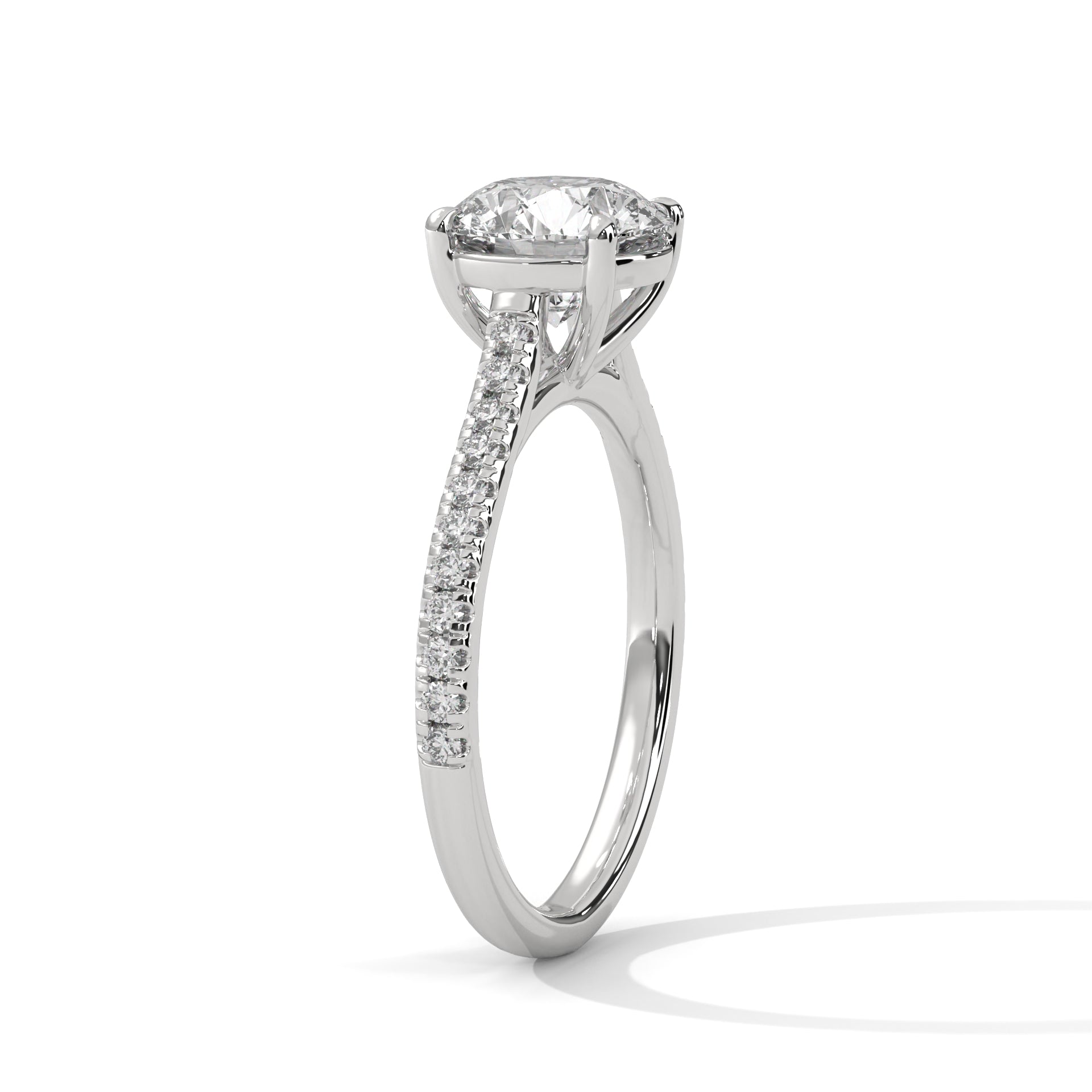 1–3 Carat Round Brilliant Lab Grown Diamond Solitaire Ring with Pavé Band – Four-Prong Setting, 18K Gold