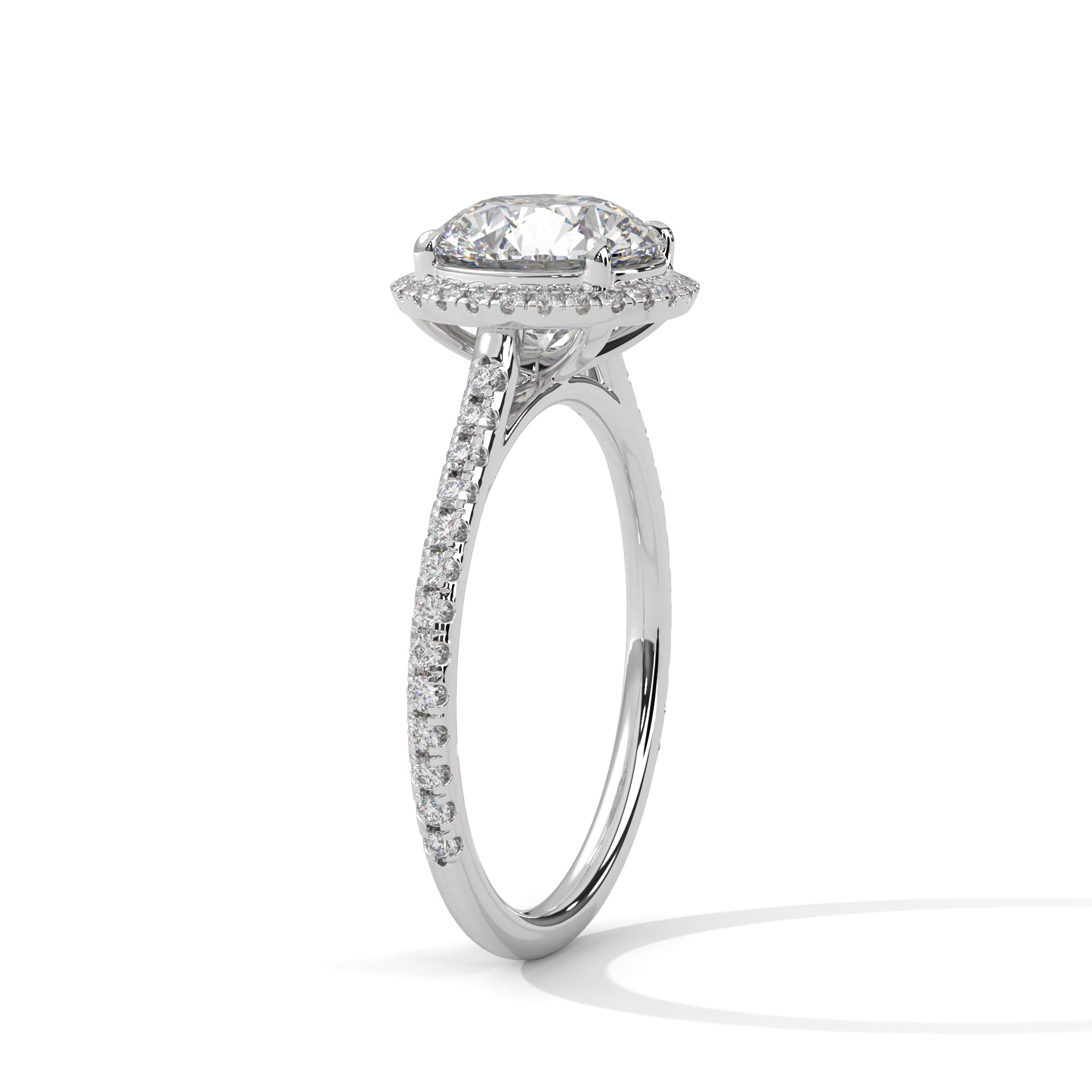 1–3 Carat Round Lab Grown Solitaire Diamond Halo Ring with Pavé Band – Four Prong Setting in 18K Gold