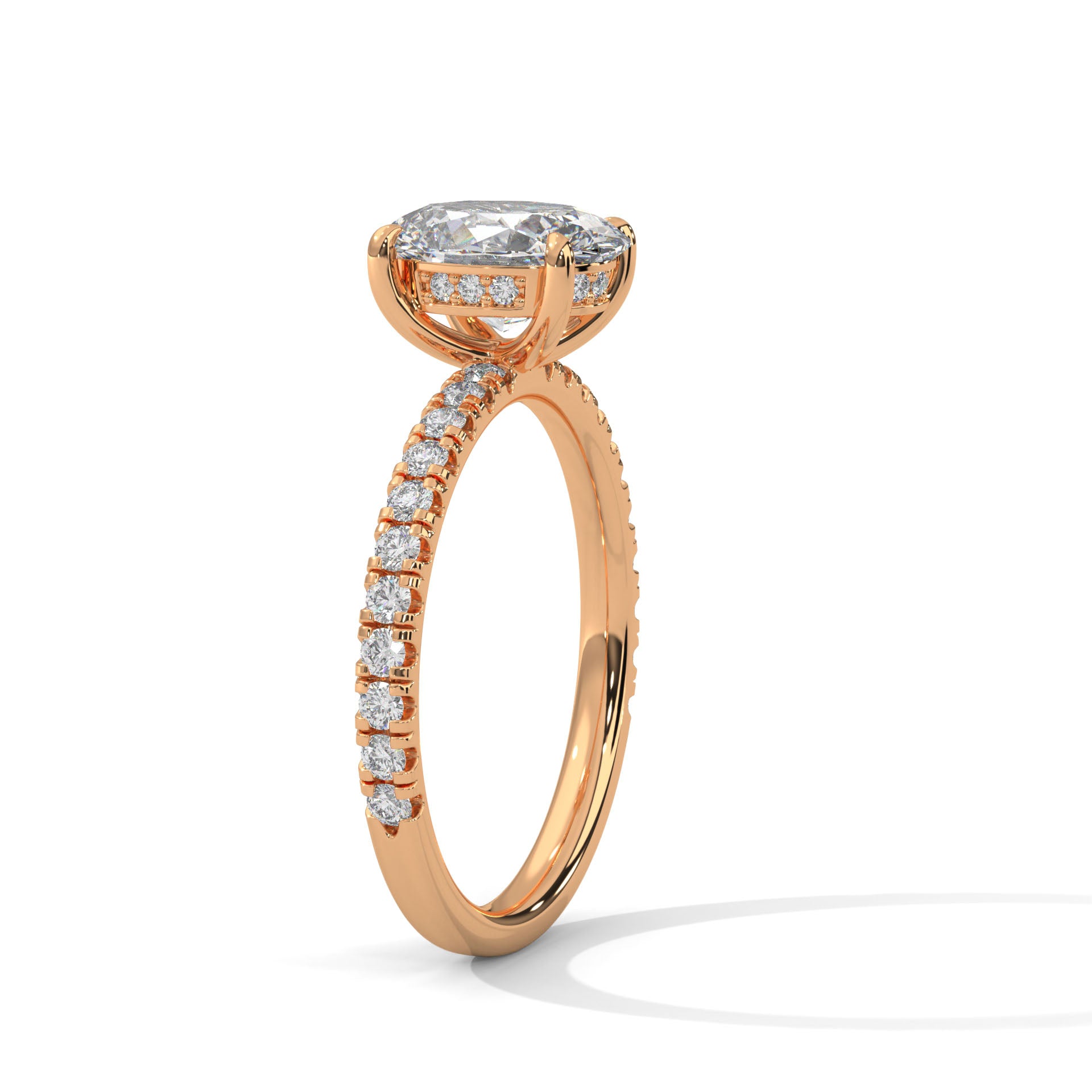 1–3 Carat Oval Lab Grown Diamond Solitaire Ring with Hidden Halo & Pavé Band – Four Prong Setting in 18K Gold