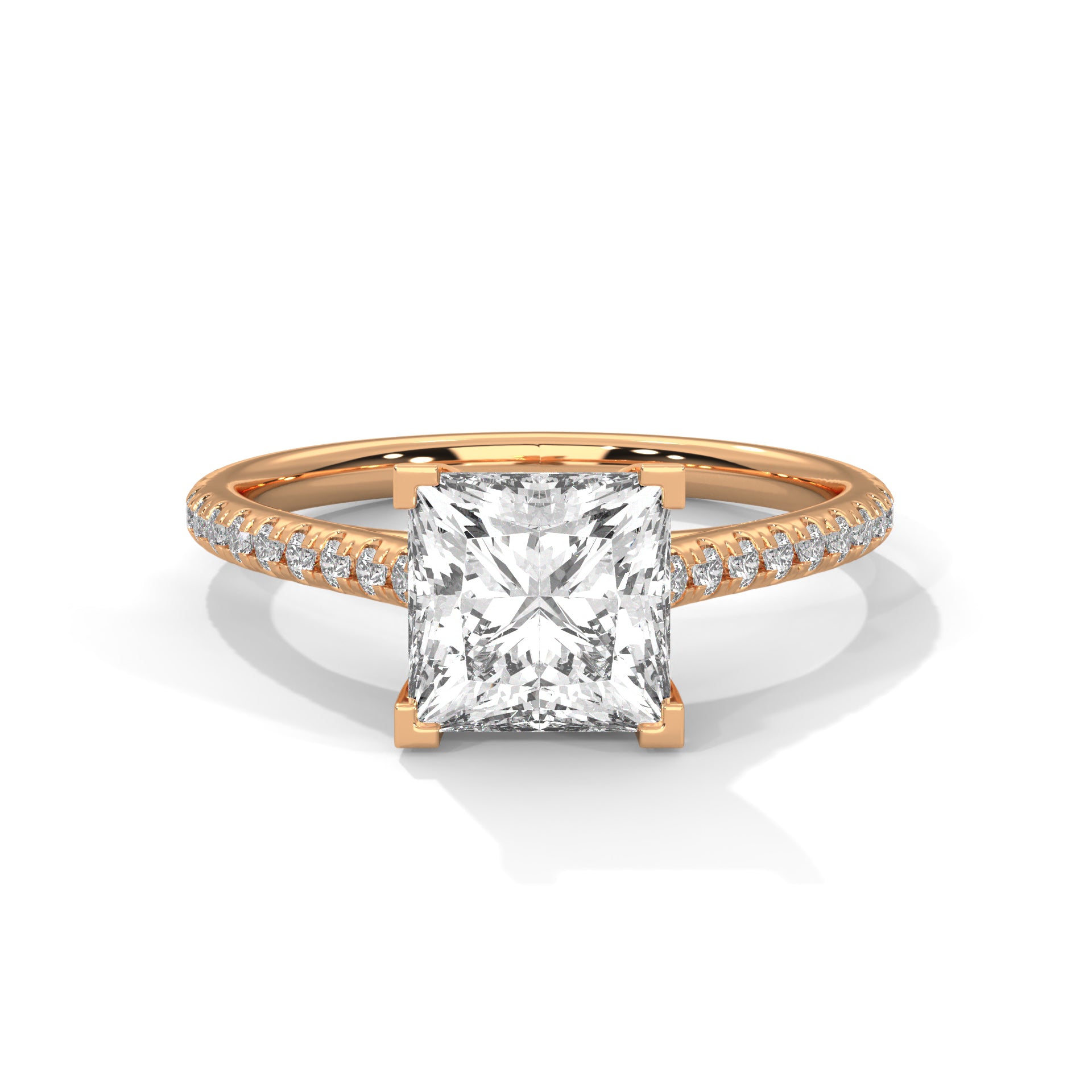 1–3 Carat Princess Lab Grown Diamond Solitaire Ring – Cathedral Pave Band Setting in 18K Gold