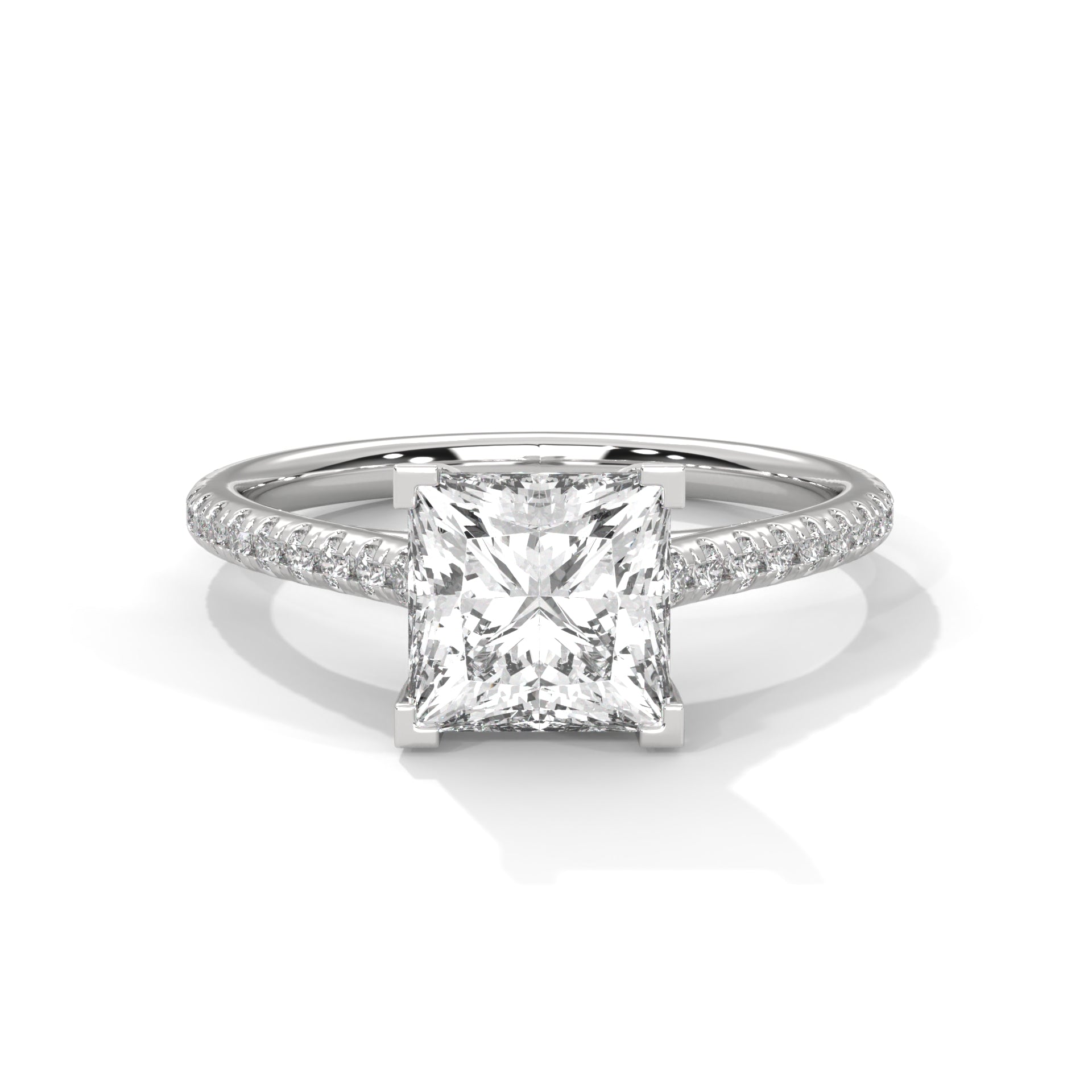 1–3 Carat Princess Lab Grown Diamond Solitaire Ring – Cathedral Pave Band Setting in 18K Gold