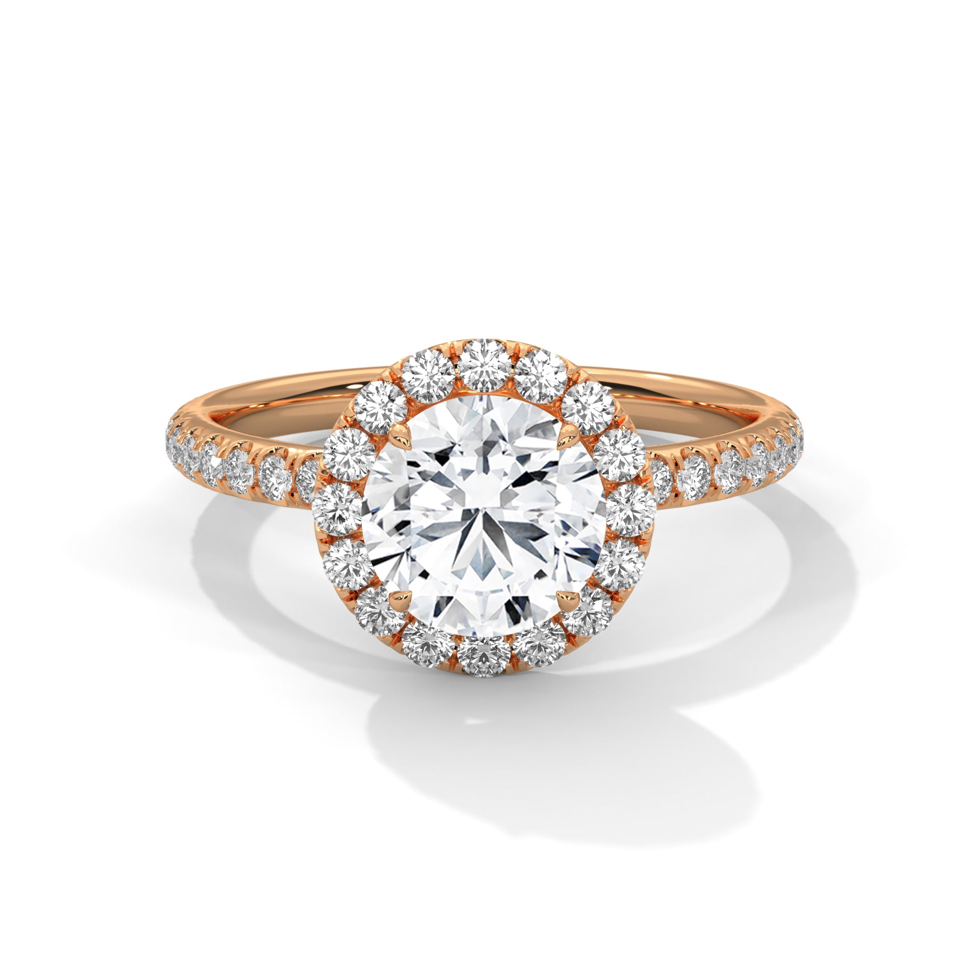 1–3 Carat Round Lab Grown Diamond Halo Engagement Ring – Pave Band in 18K Gold