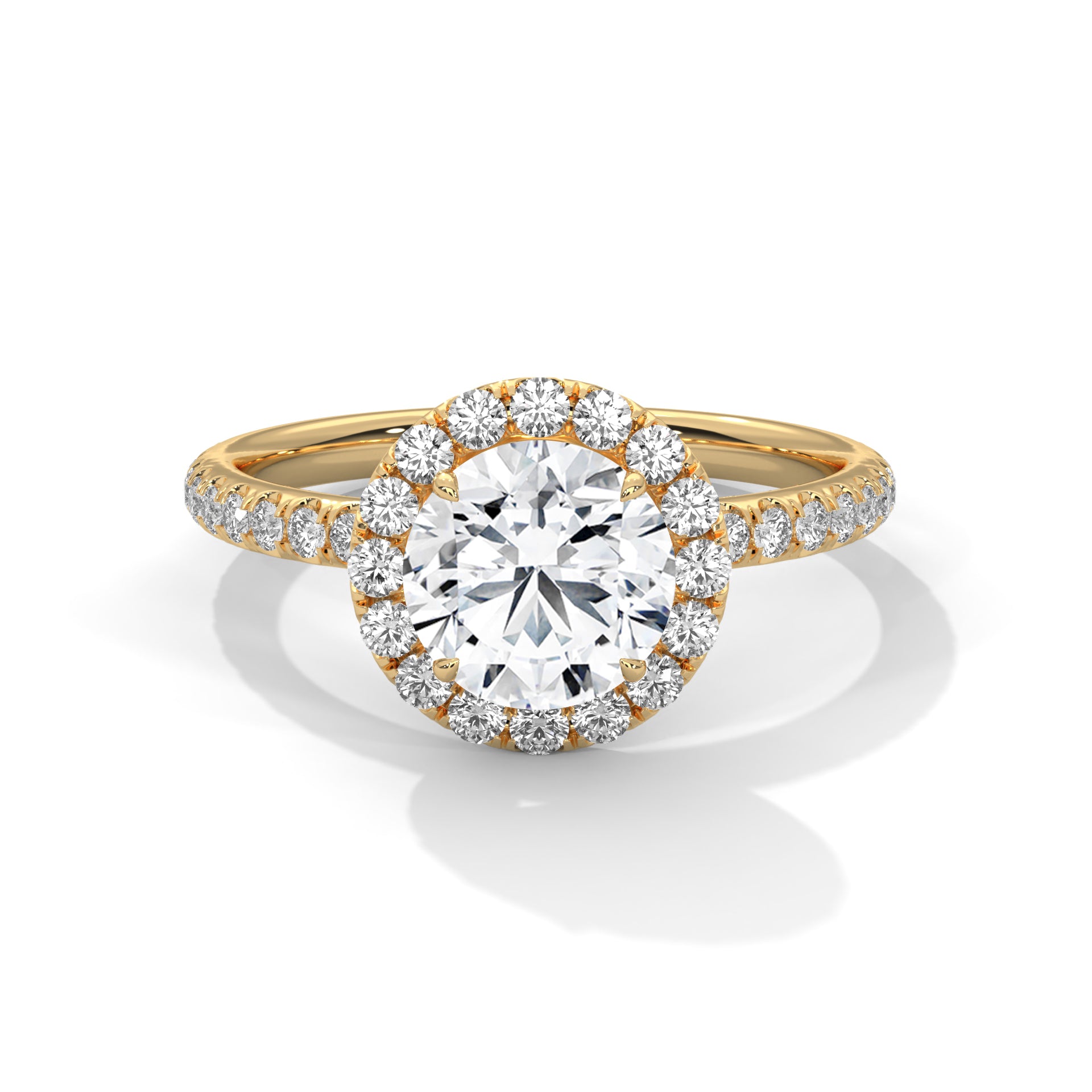 1–3 Carat Round Lab Grown Diamond Halo Engagement Ring – Pave Band in 18K Gold