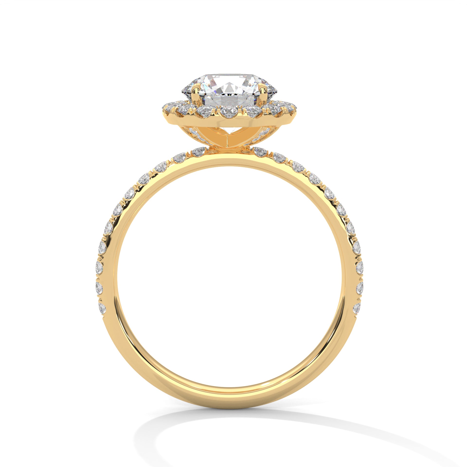 1–3 Carat Round Lab Grown Diamond Halo Engagement Ring – Pave Band in 18K Gold