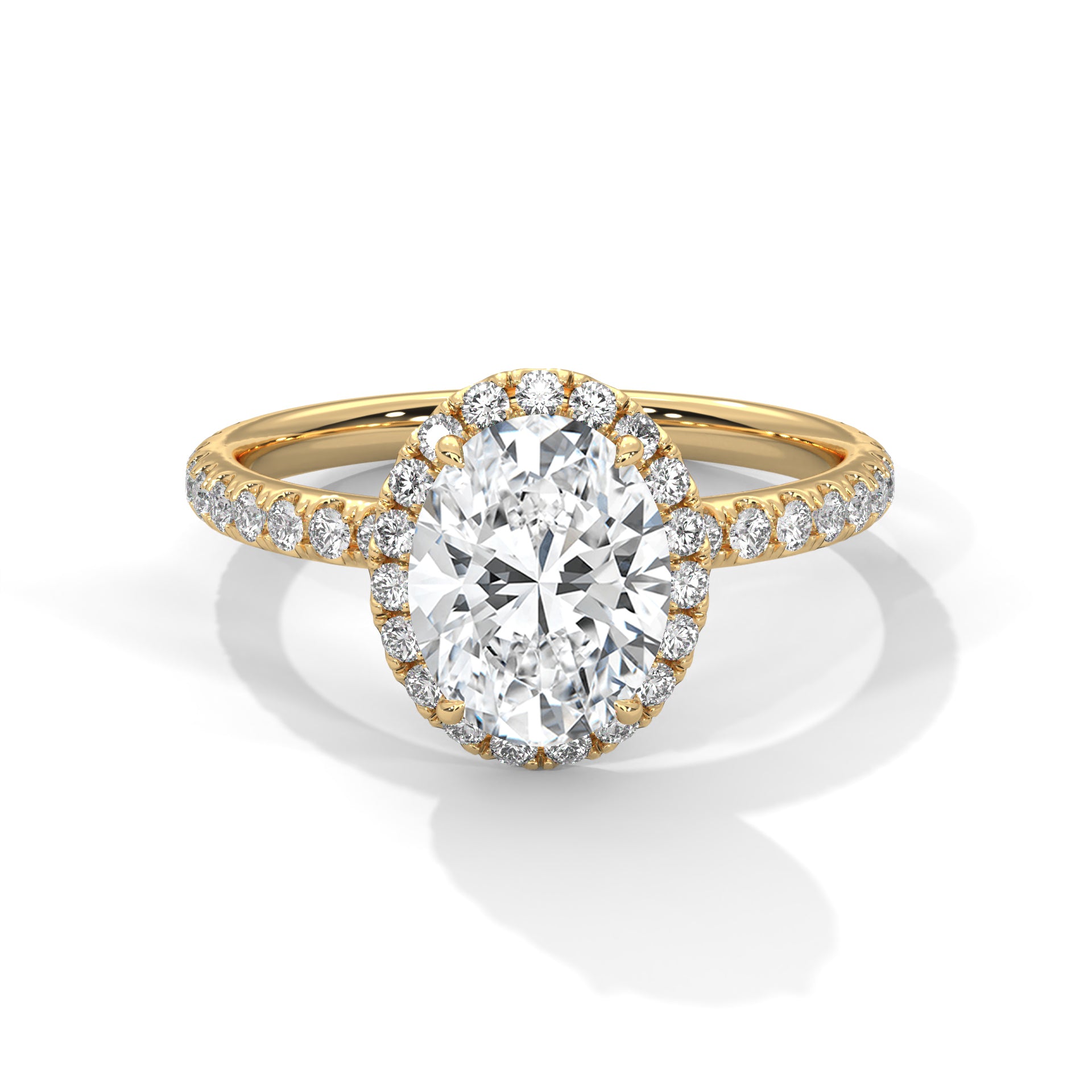 1–3 Ct Oval Lab Grown Diamond Solitaire Halo Engagement Ring – Pave Band in 18K Gold