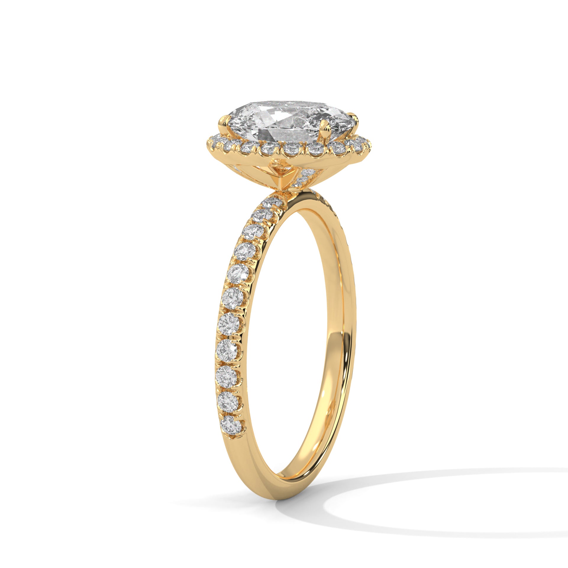 1–3 Ct Oval Lab Grown Diamond Solitaire Halo Engagement Ring – Pave Band in 18K Gold