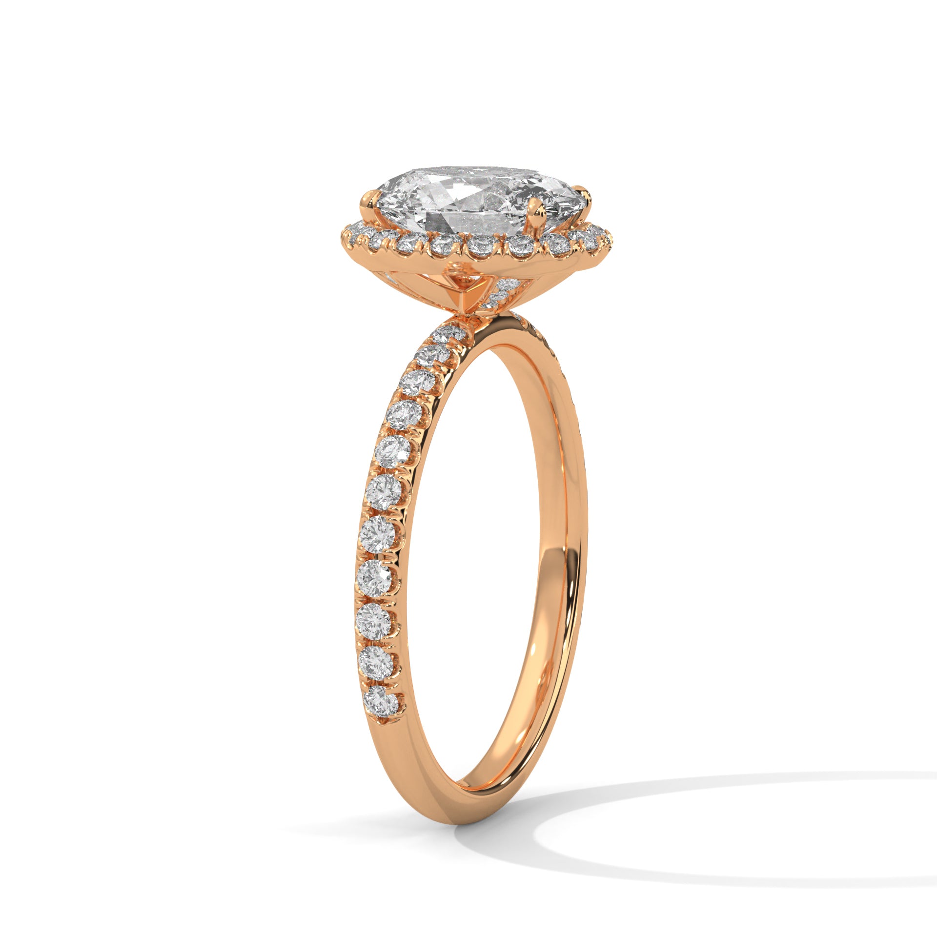 1–3 Ct Oval Lab Grown Diamond Solitaire Halo Engagement Ring – Pave Band in 18K Gold