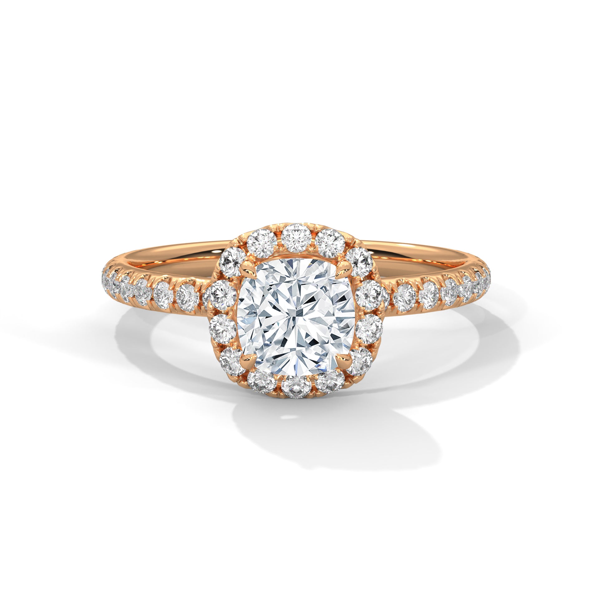 1–3 Carat Cushion Lab Grown Diamond Halo Engagement Ring – Pavé Band in 18K Gold