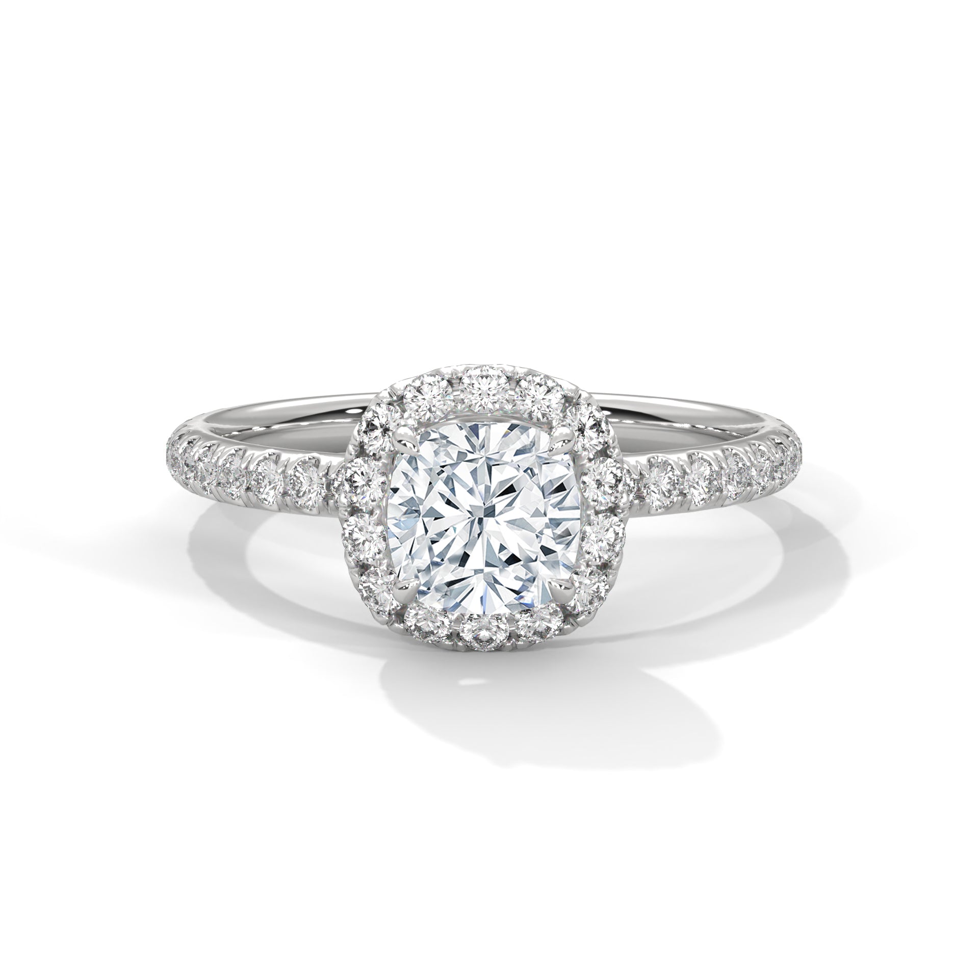1–3 Carat Cushion Lab Grown Diamond Halo Engagement Ring – Pavé Band in 18K Gold
