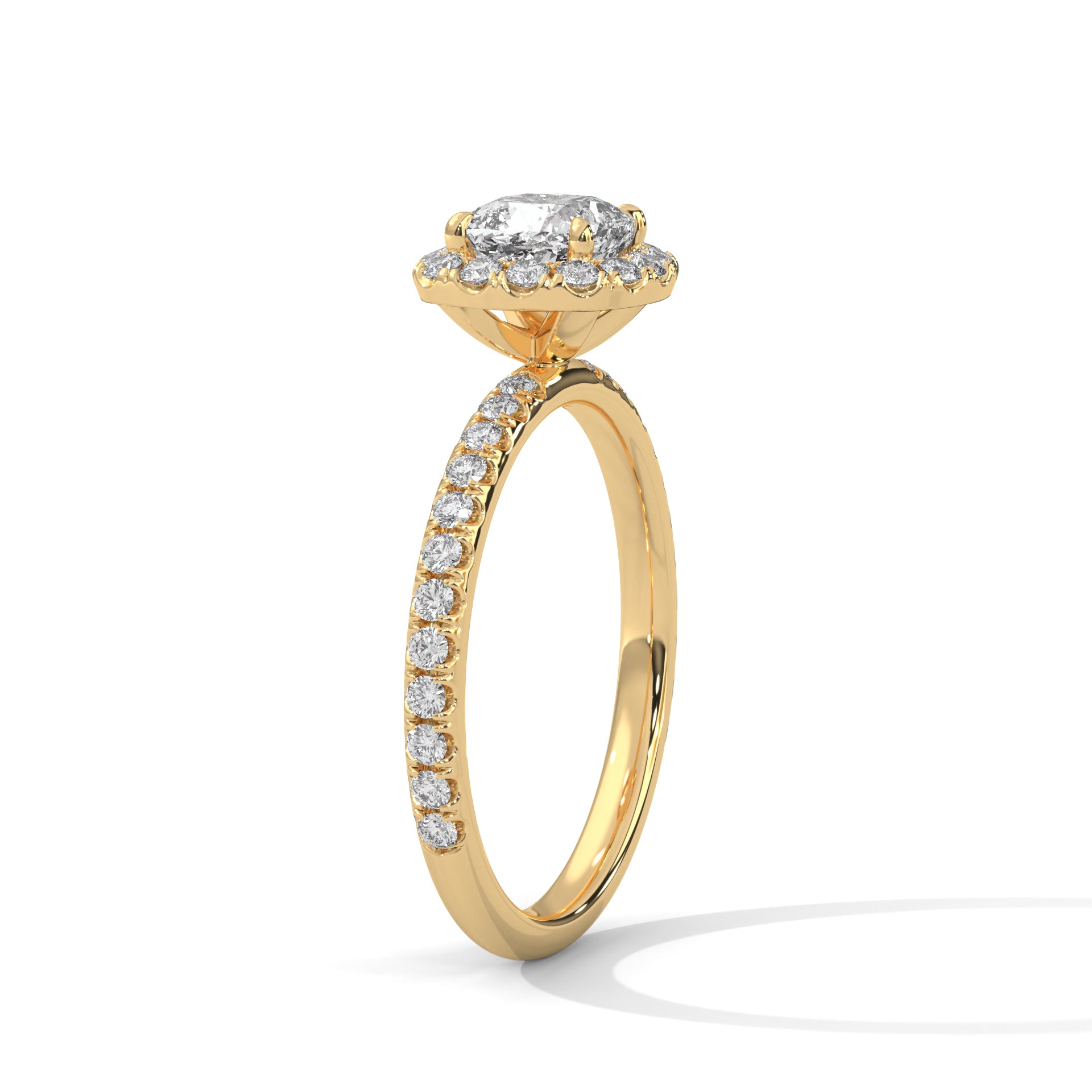 1–3 Carat Cushion Lab Grown Diamond Halo Engagement Ring – Pavé Band in 18K Gold