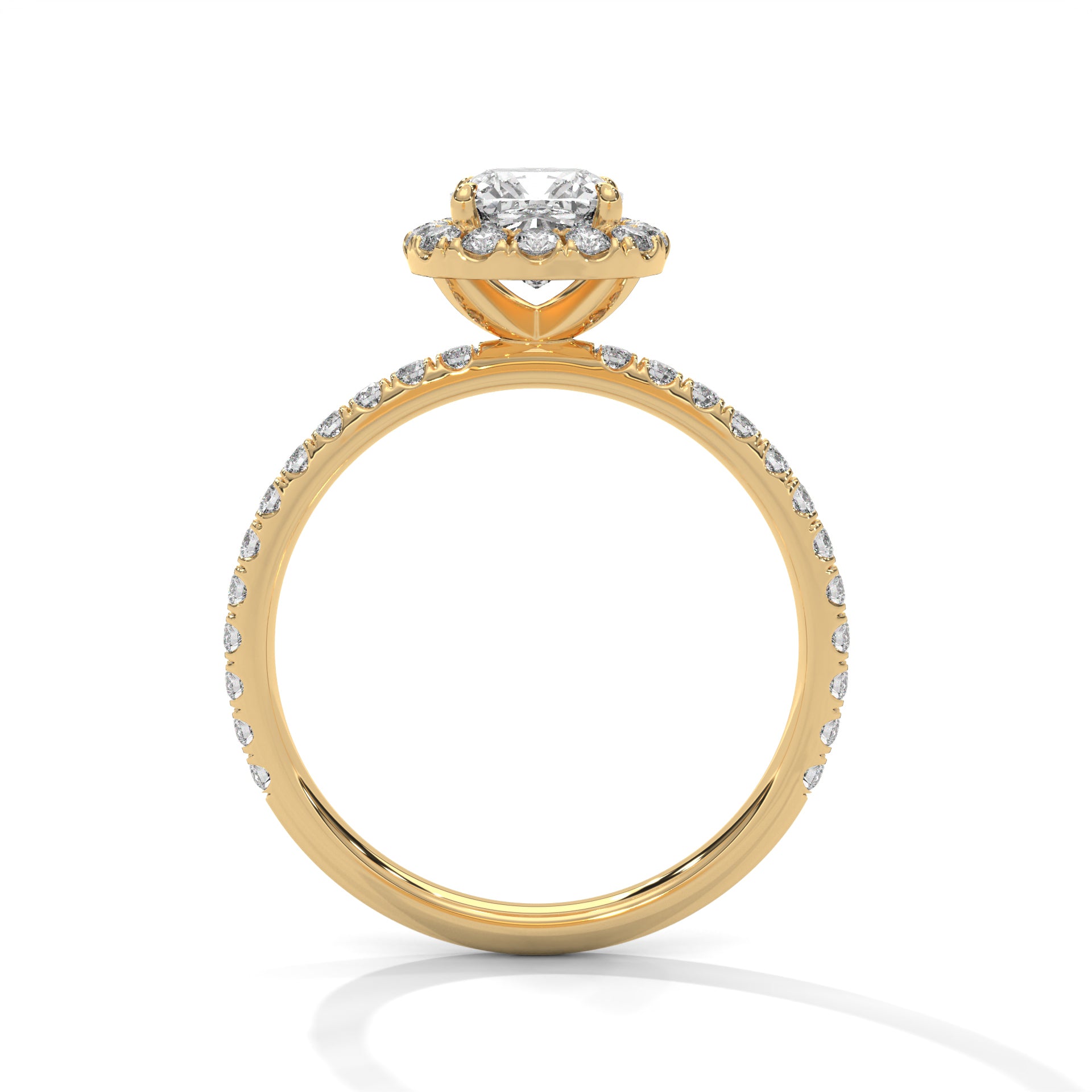 1–3 Carat Cushion Lab Grown Diamond Halo Engagement Ring – Pavé Band in 18K Gold