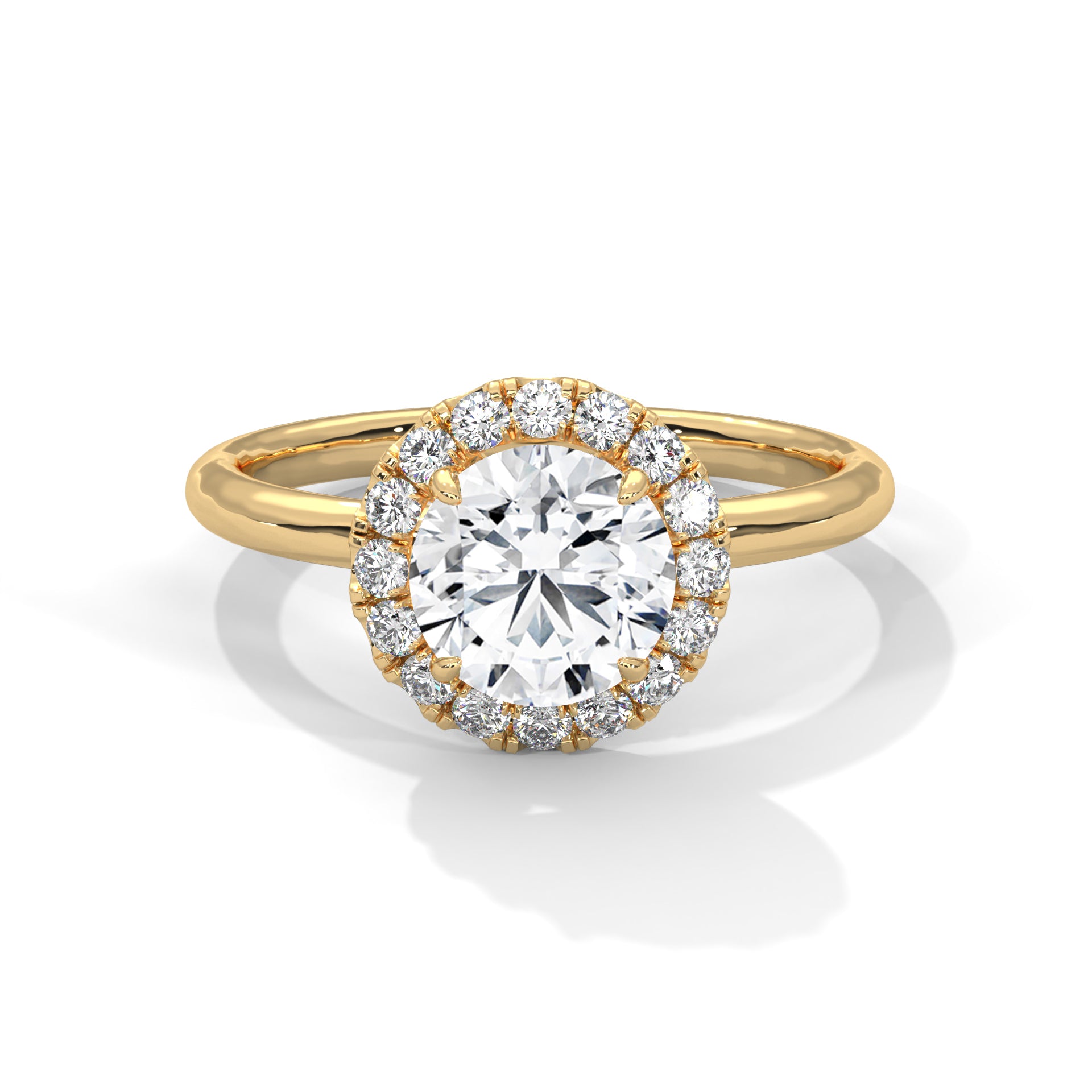 1–3 Carat Round Cut Lab Grown Diamond Halo Engagement Ring – Four-Prong Setting, Plain Band in 18K Gold