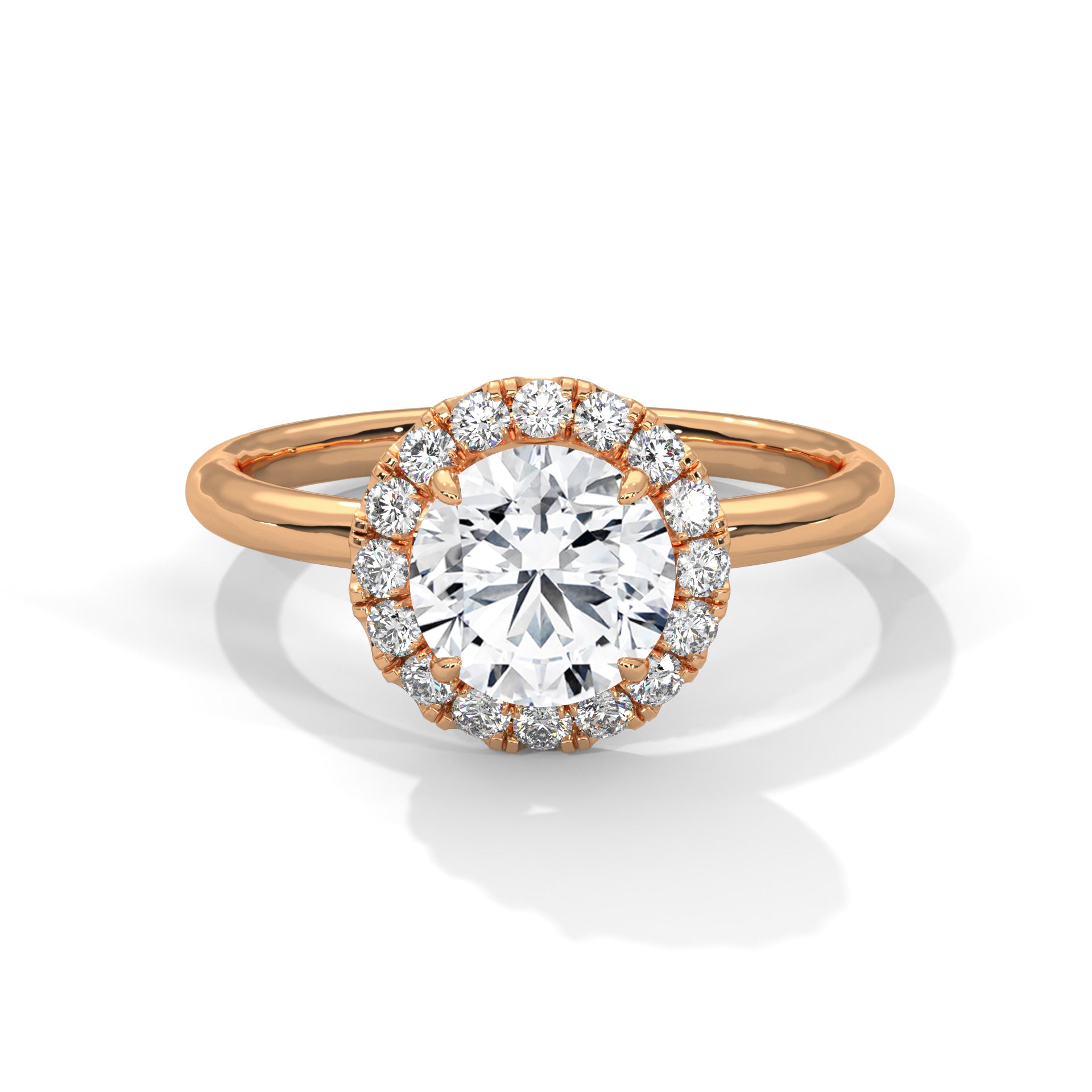 1–3 Carat Round Cut Lab Grown Diamond Halo Engagement Ring – Four-Prong Setting, Plain Band in 18K Gold