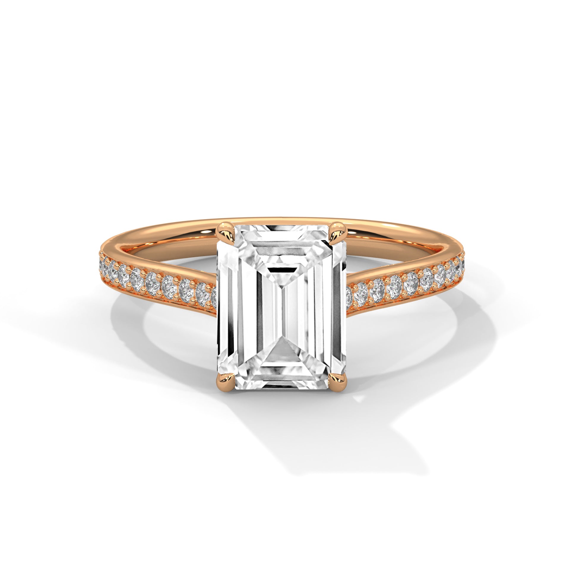 1–3 Carat Emerald Cut Lab Grown Diamond Solitaire Ring – Cathedral Pavé Setting in 18K Gold