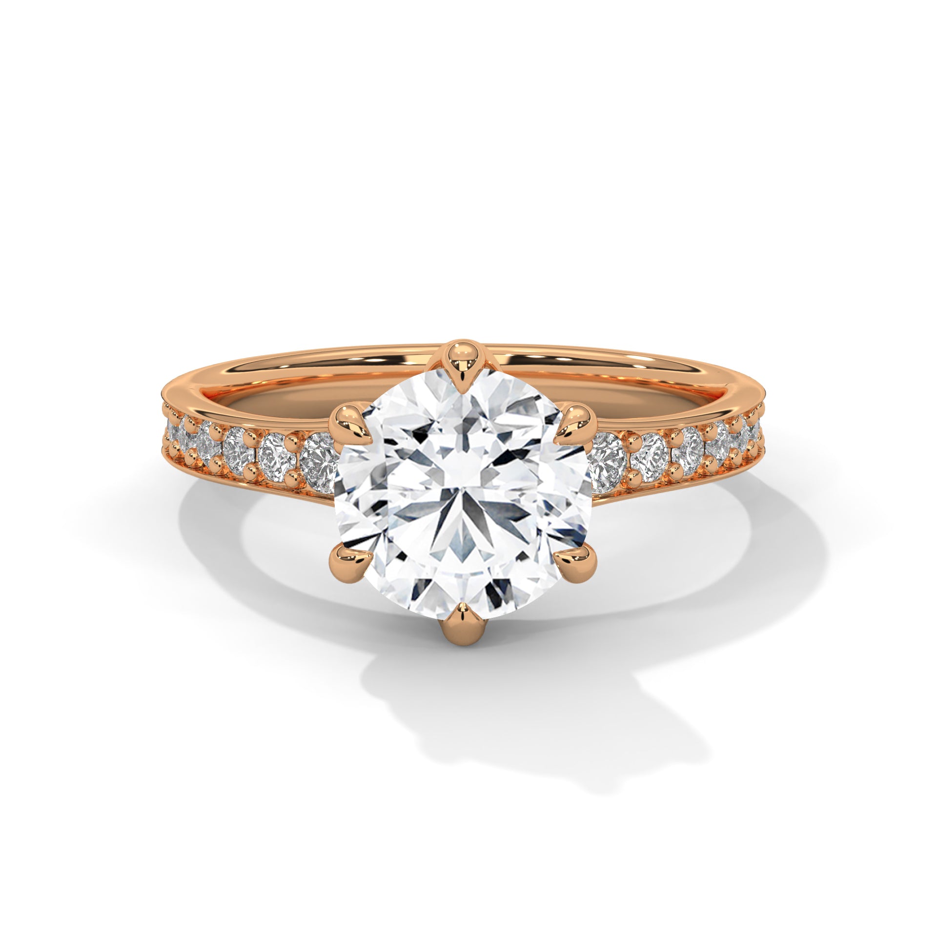 1–3 Carat Round Cut Lab Grown Diamond Solitaire Ring – Six-Prong Pavé Band in 18K Gold