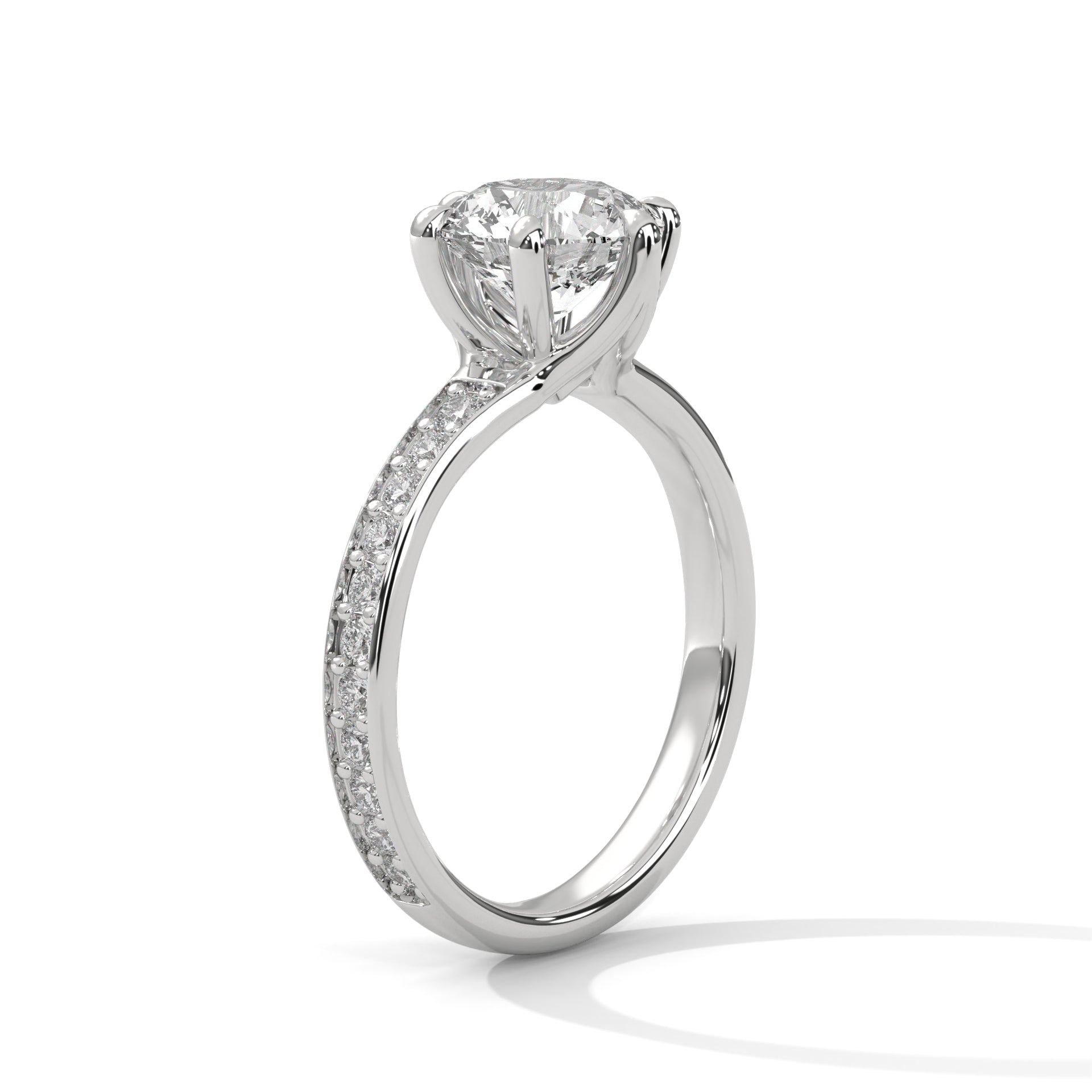 1–3 Carat Round Cut Lab Grown Diamond Solitaire Ring – Six-Prong Pavé Band in 18K Gold