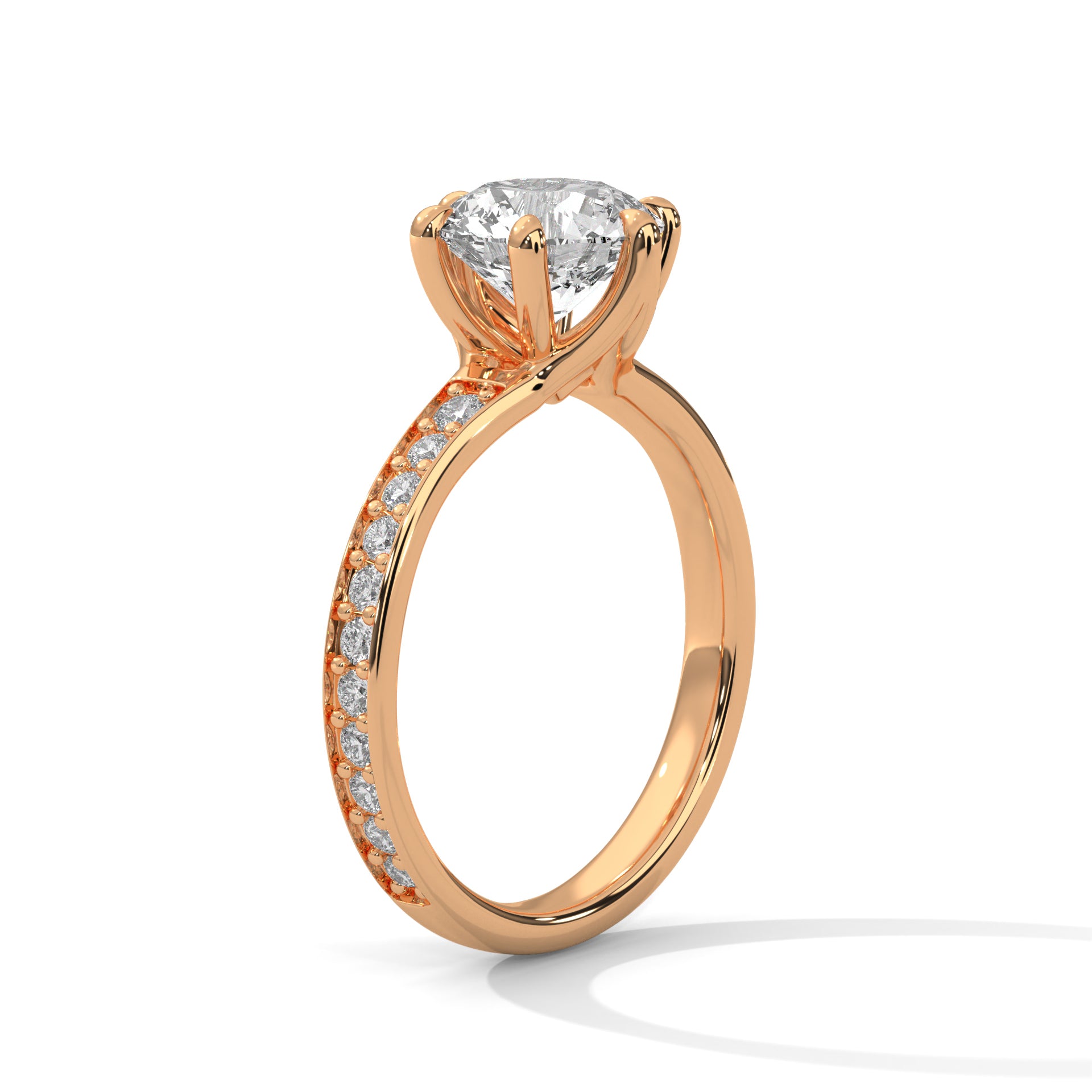 1–3 Carat Round Cut Lab Grown Diamond Solitaire Ring – Six-Prong Pavé Band in 18K Gold