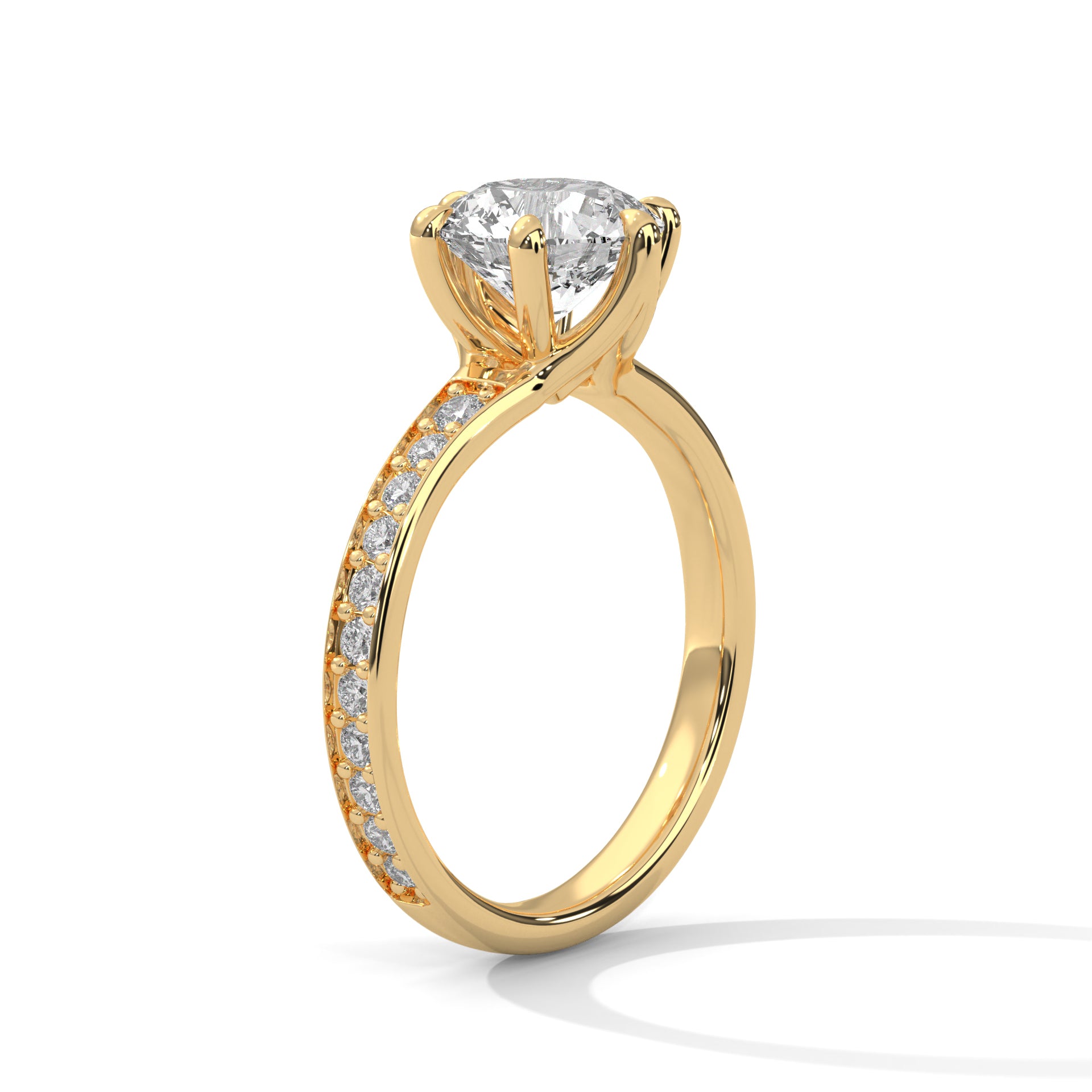 1–3 Carat Round Cut Lab Grown Diamond Solitaire Ring – Six-Prong Pavé Band in 18K Gold