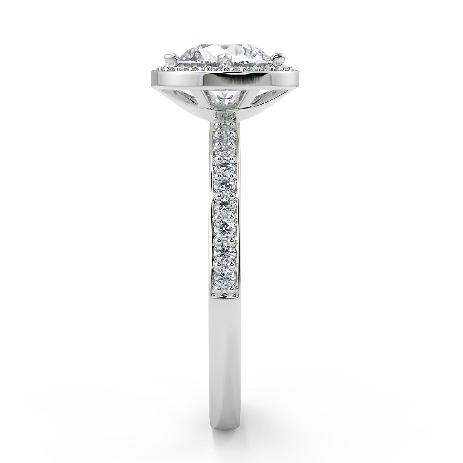 1–2 Carat Round Lab Grown Diamond Solitaire Halo Ring | Pavé Band | IGI Certified | 18K White Gold