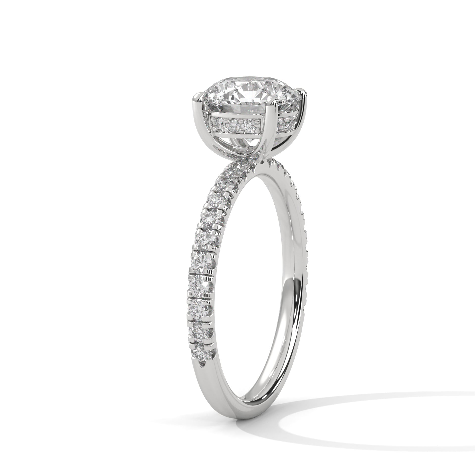 1–3 Carat Round Lab Grown Diamond Solitaire Ring with Hidden Halo & Pavé Band – Four Prong Setting in 18K Gold