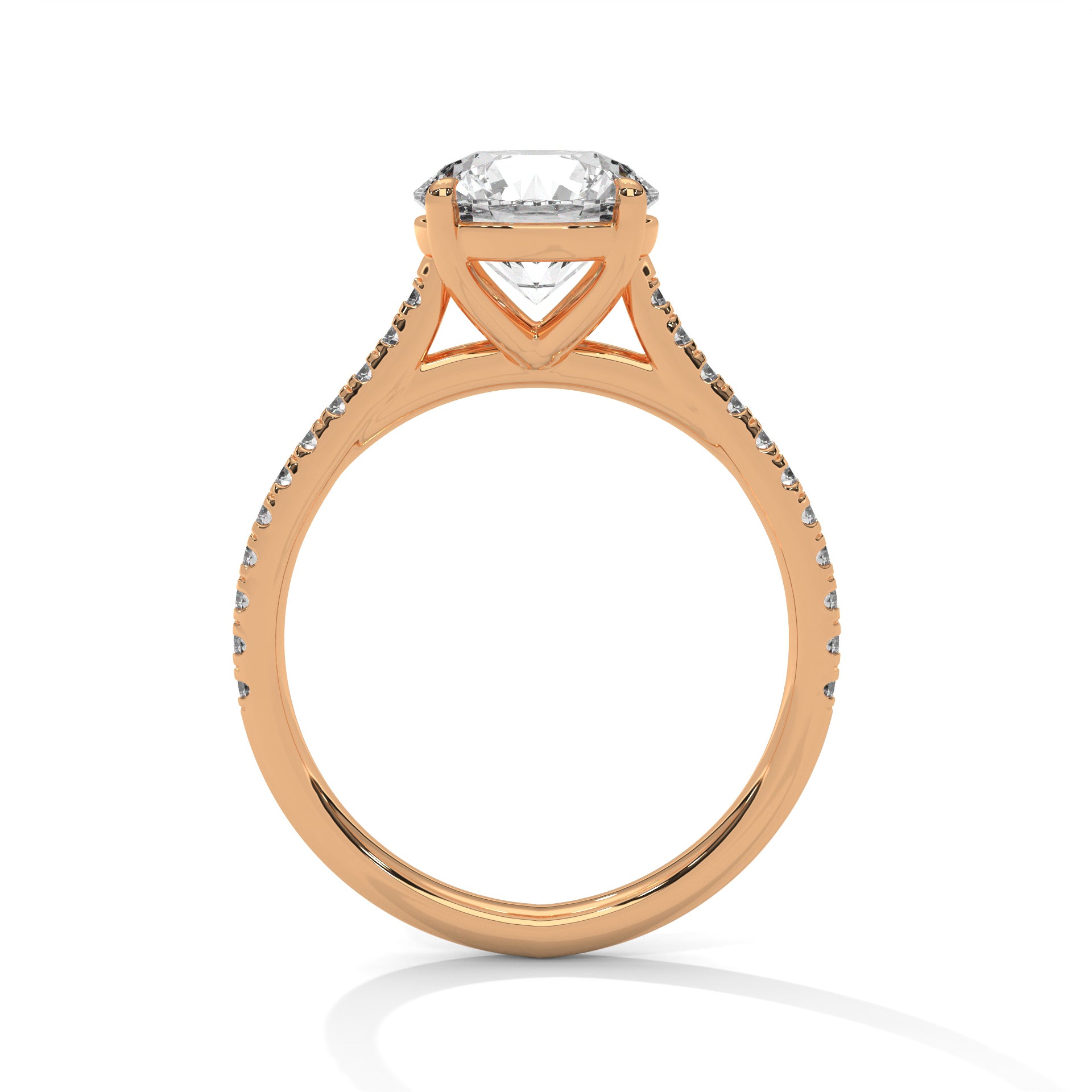 1–3 Carat Round Brilliant Lab Grown Diamond Solitaire Ring with Pavé Band – Four-Prong Setting, 18K Gold