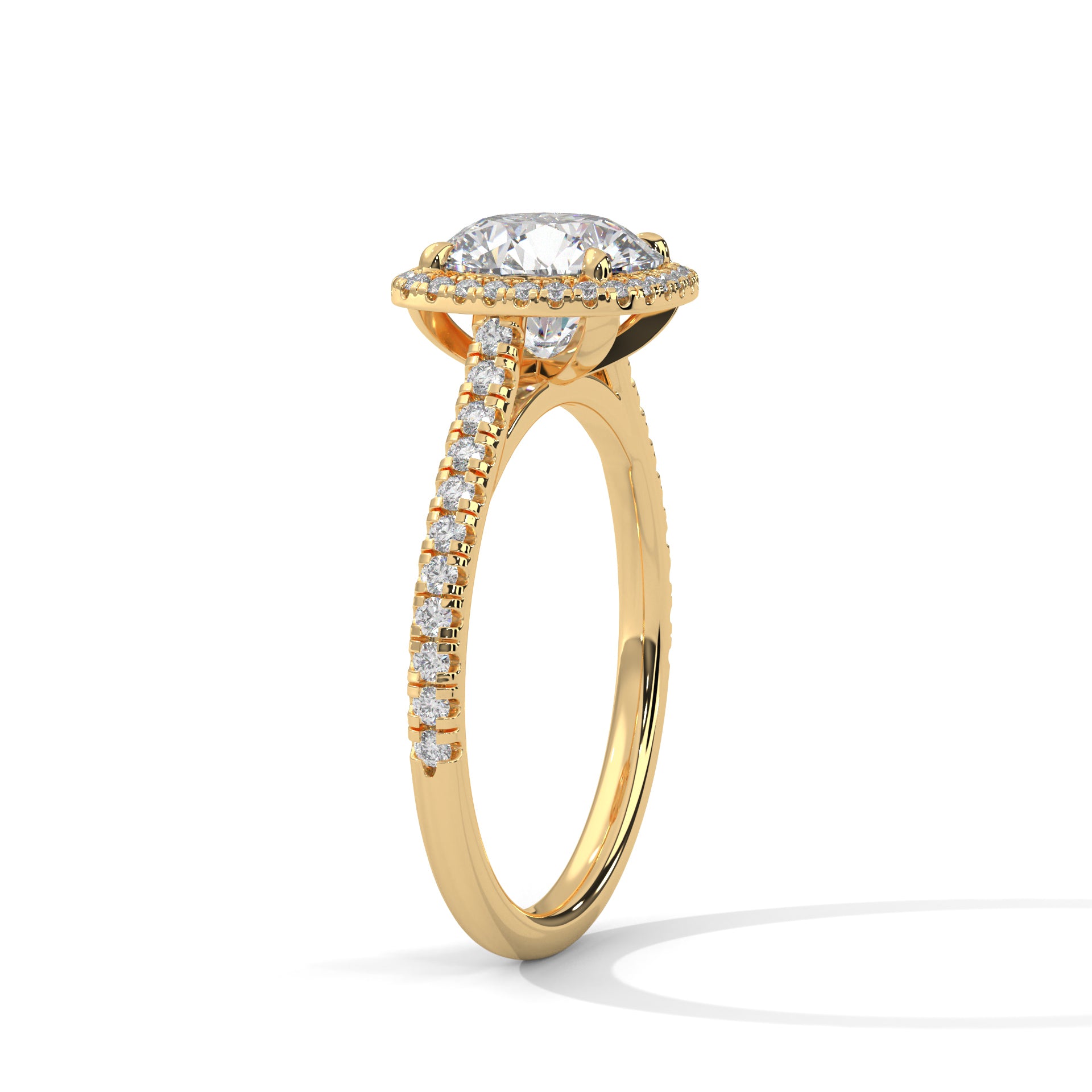 1–3 Carat Round Lab Grown Diamond Solitaire Halo Ring with Pavé Band – 18K White, Yellow or Rose Gold