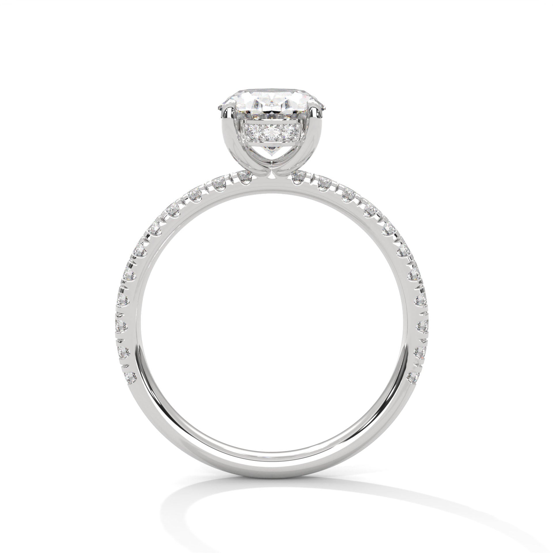 1–3 Carat Oval Lab Grown Diamond Solitaire Ring with Hidden Halo & Pavé Band – Four Prong Setting in 18K Gold