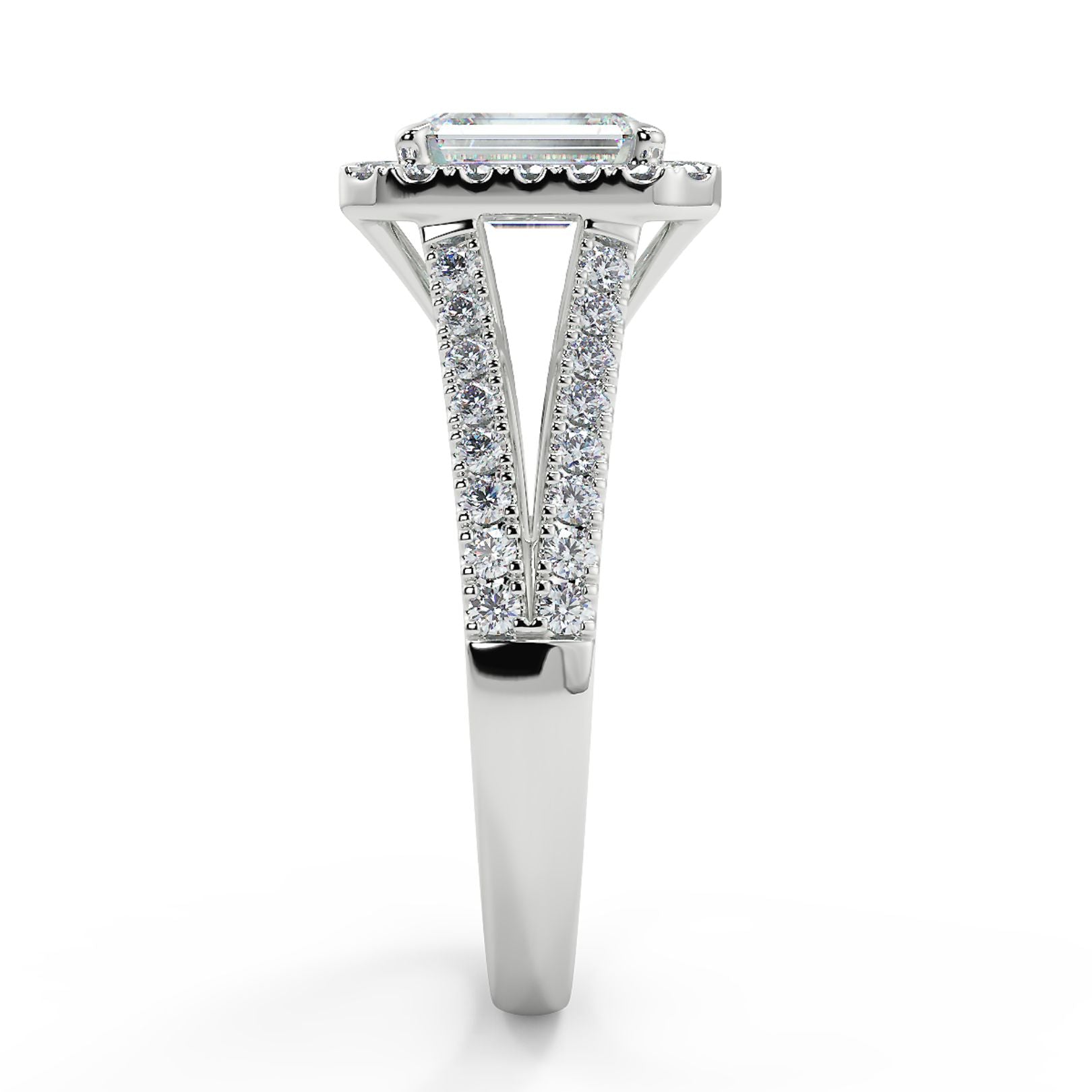 1–2 Carat Emerald Cut Lab Grown Diamond Solitaire Halo Ring | Split Shank Pavé Band | IGI Certified | 18K White Gold