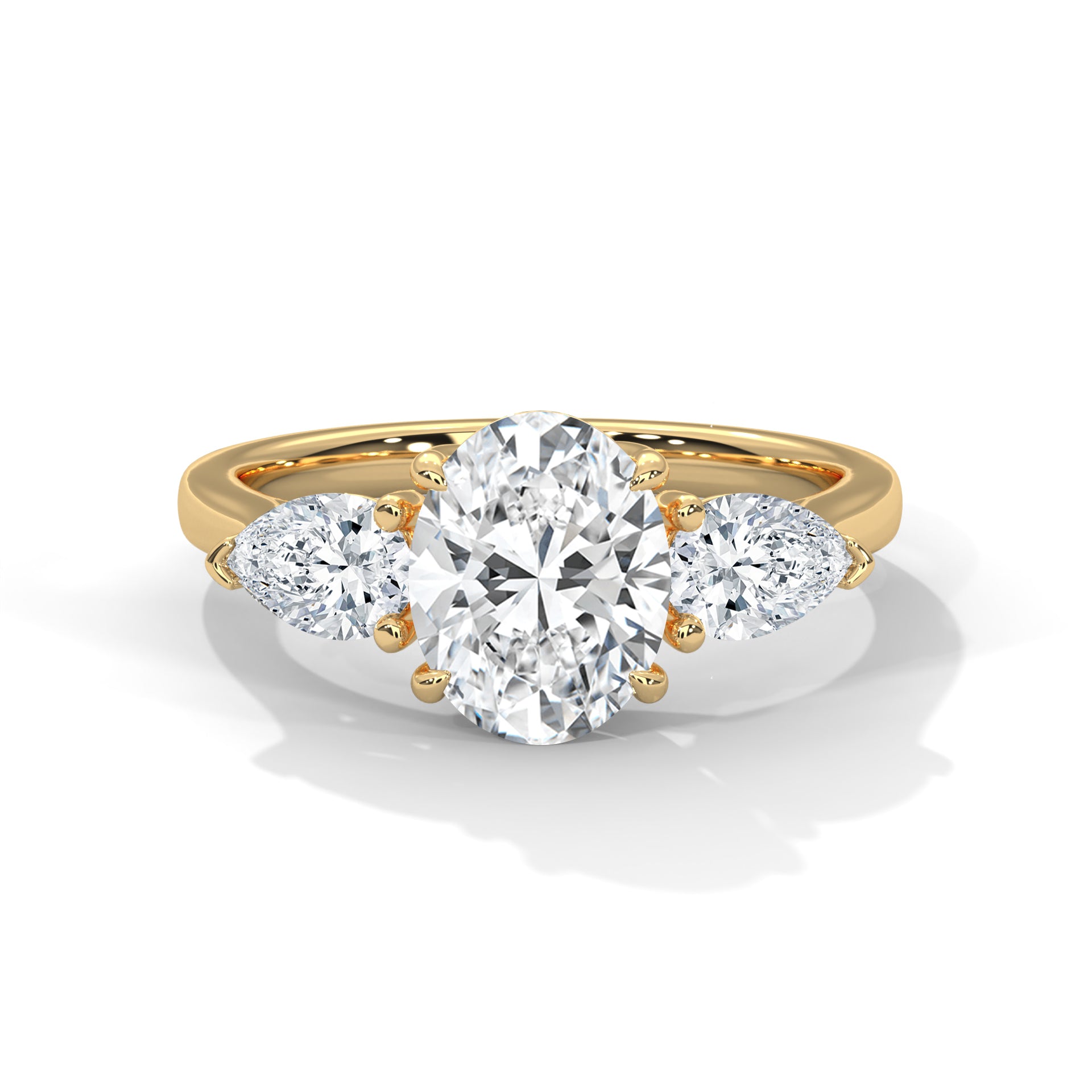 1–3 Carat Oval Lab-Grown Diamond Solitaire with Pear Side Stones – Trilogy Engagement Ring – 18K Gold