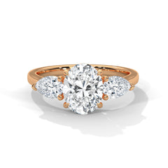 1–3 Carat Oval Lab-Grown Diamond Solitaire with Pear Side Stones – Trilogy Engagement Ring – 18K Gold