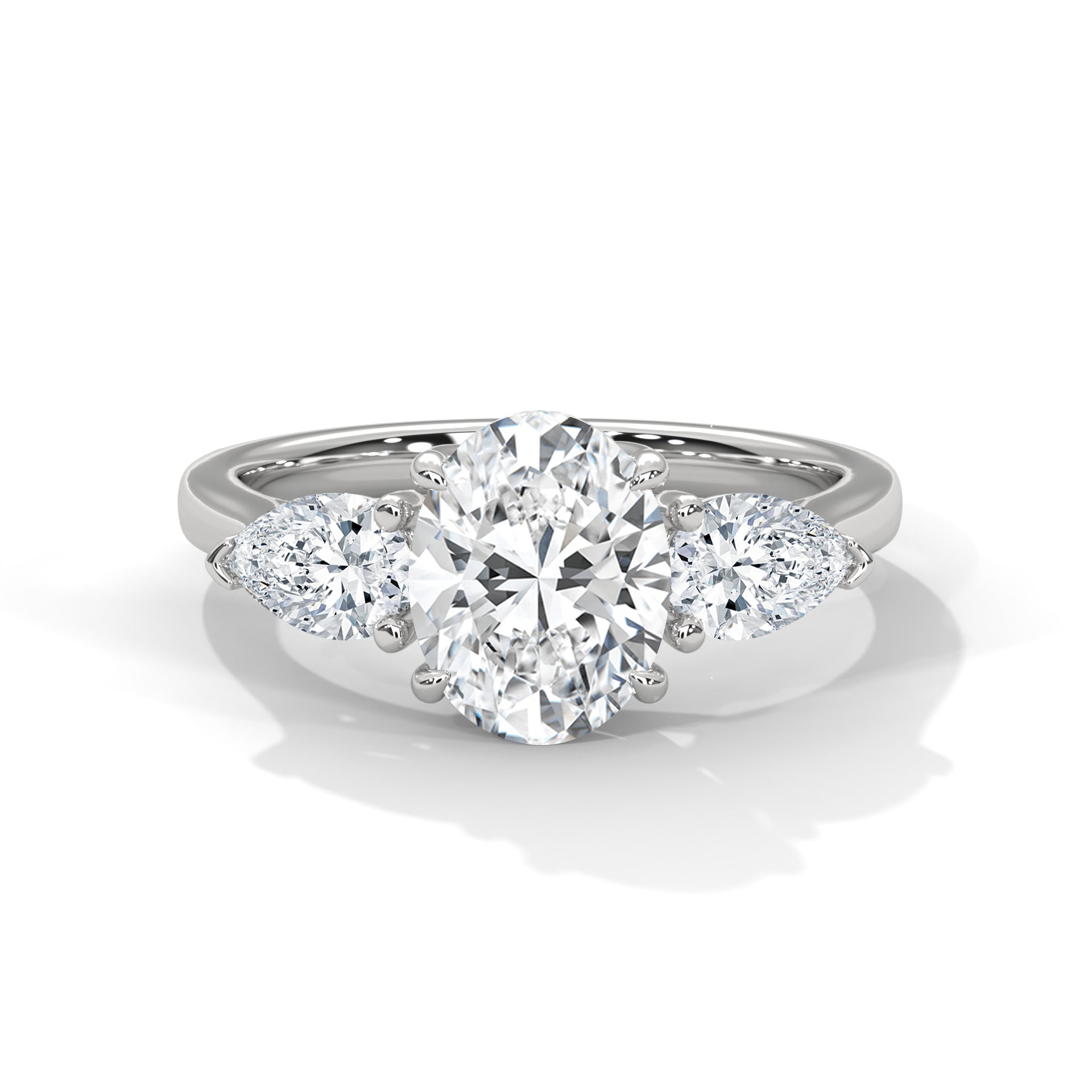 1–3 Carat Oval Lab-Grown Diamond Solitaire with Pear Side Stones – Trilogy Engagement Ring – 18K Gold