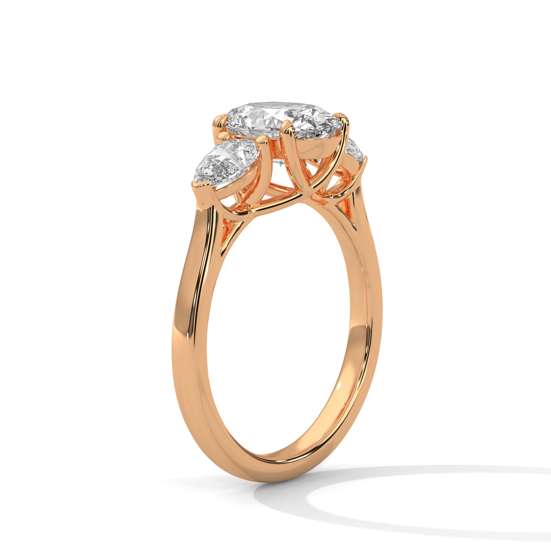 1–3 Carat Oval Lab-Grown Diamond Solitaire with Pear Side Stones – Trilogy Engagement Ring – 18K Gold