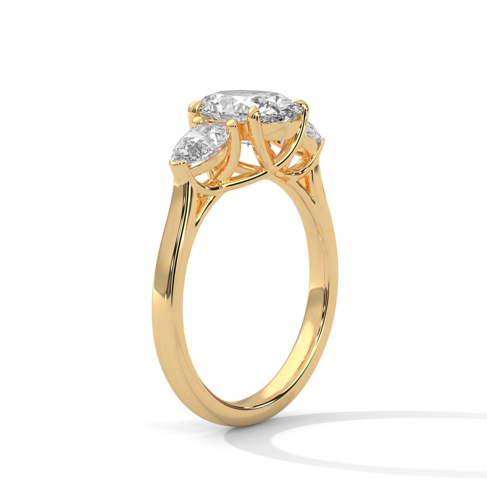 1–3 Carat Oval Lab-Grown Diamond Solitaire with Pear Side Stones – Trilogy Engagement Ring – 18K Gold