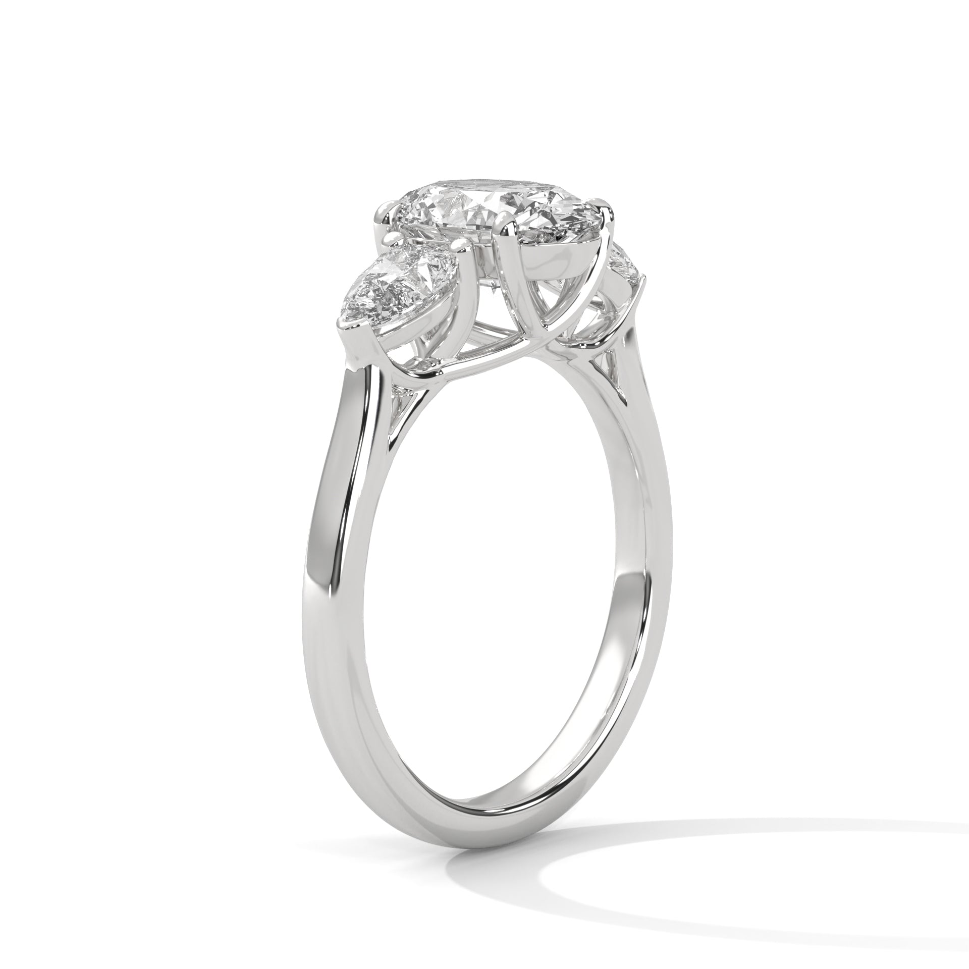 1–3 Carat Oval Lab-Grown Diamond Solitaire with Pear Side Stones – Trilogy Engagement Ring – 18K Gold