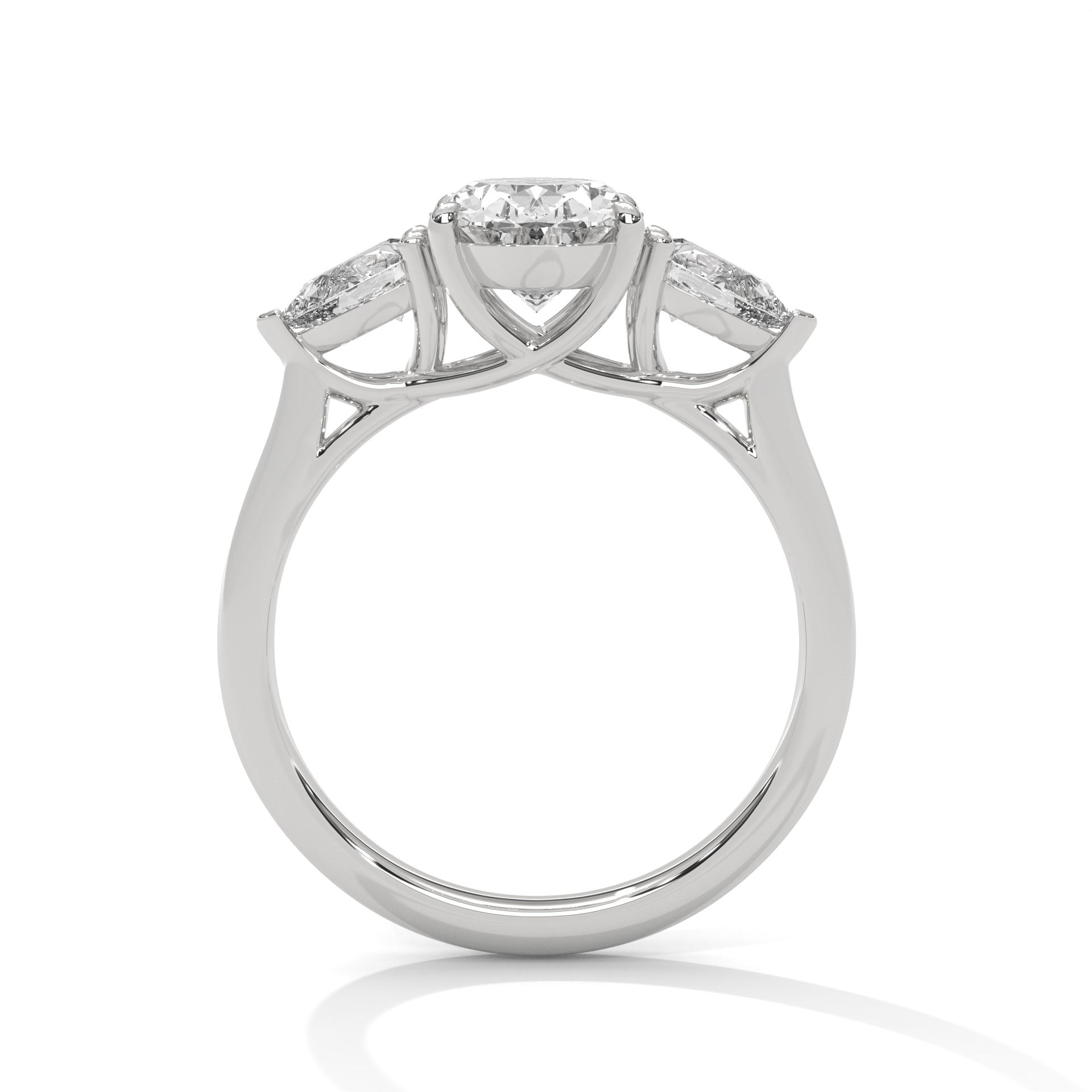 1–3 Carat Oval Lab-Grown Diamond Solitaire with Pear Side Stones – Trilogy Engagement Ring – 18K Gold