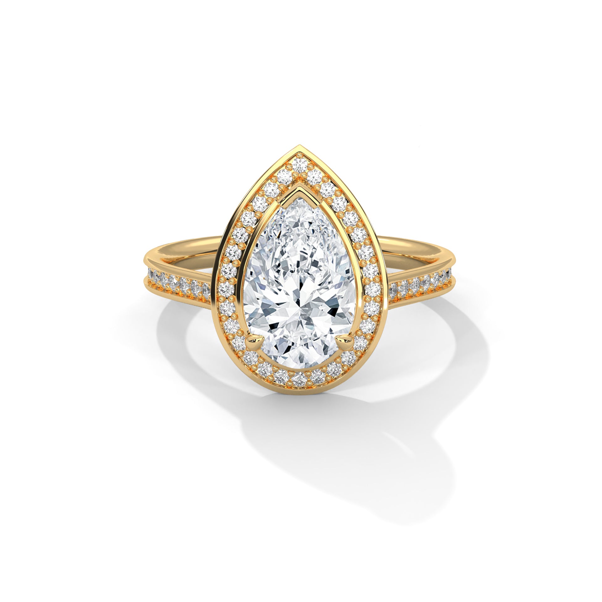 1–3 Carat Pear Lab Grown Diamond Halo Ring with Pavé Band – 18K White, Yellow or Rose Gold