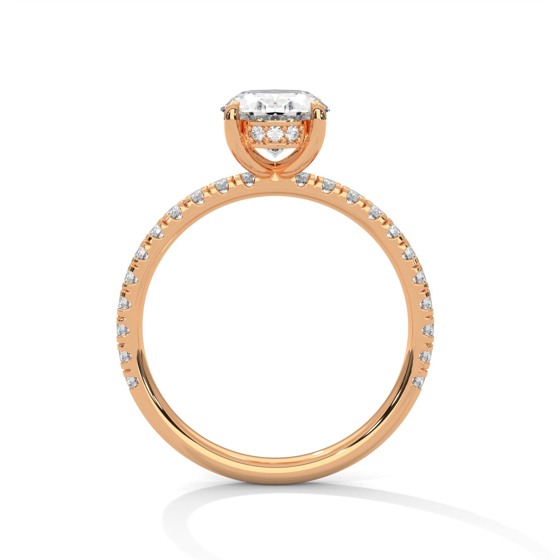 1–3 Carat Oval Lab Grown Diamond Solitaire Ring with Hidden Halo & Pavé Band – Four Prong Setting in 18K Gold