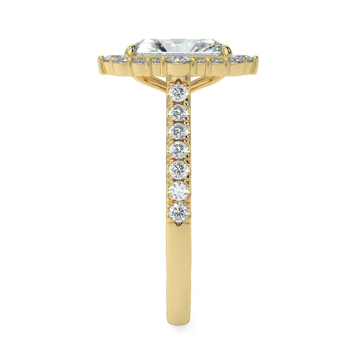 2 Carat Radiant Cut Lab Grown Diamond Engagement Solitaire Ring with Halo & Side Diamonds | 18K Gold