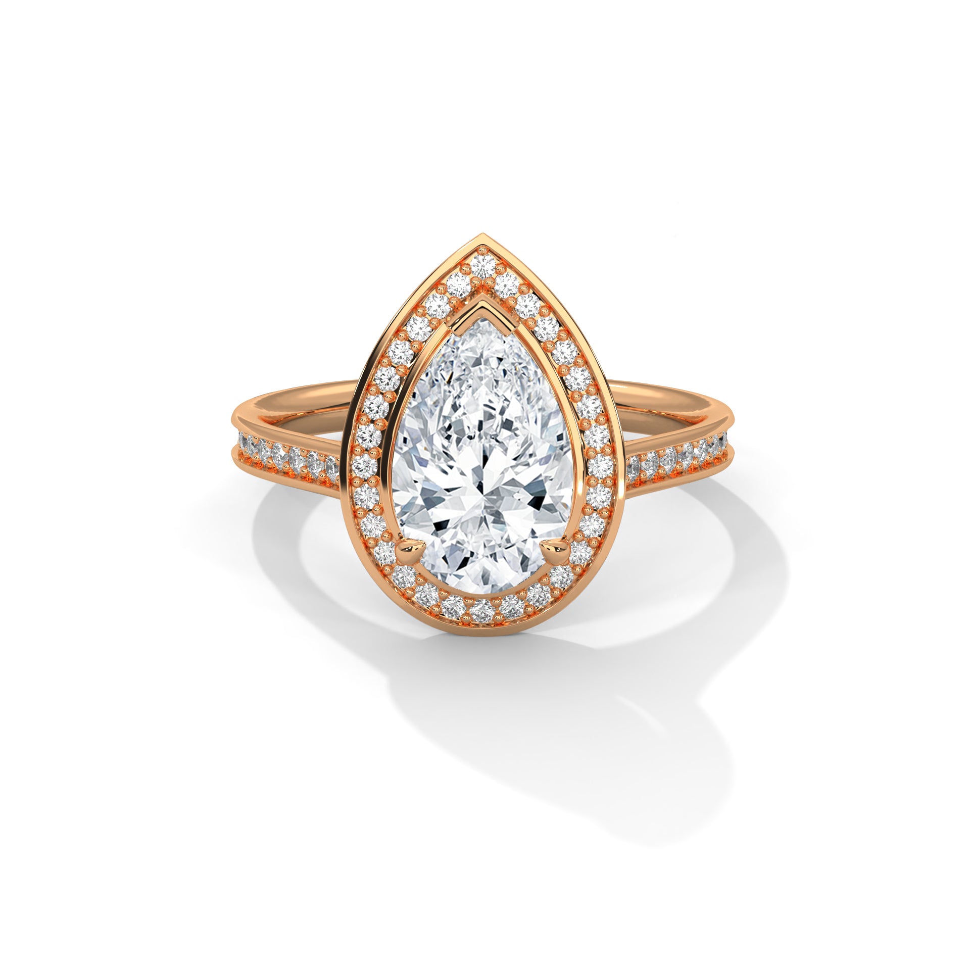 1–3 Carat Pear Lab Grown Diamond Halo Ring with Pavé Band – 18K White, Yellow or Rose Gold