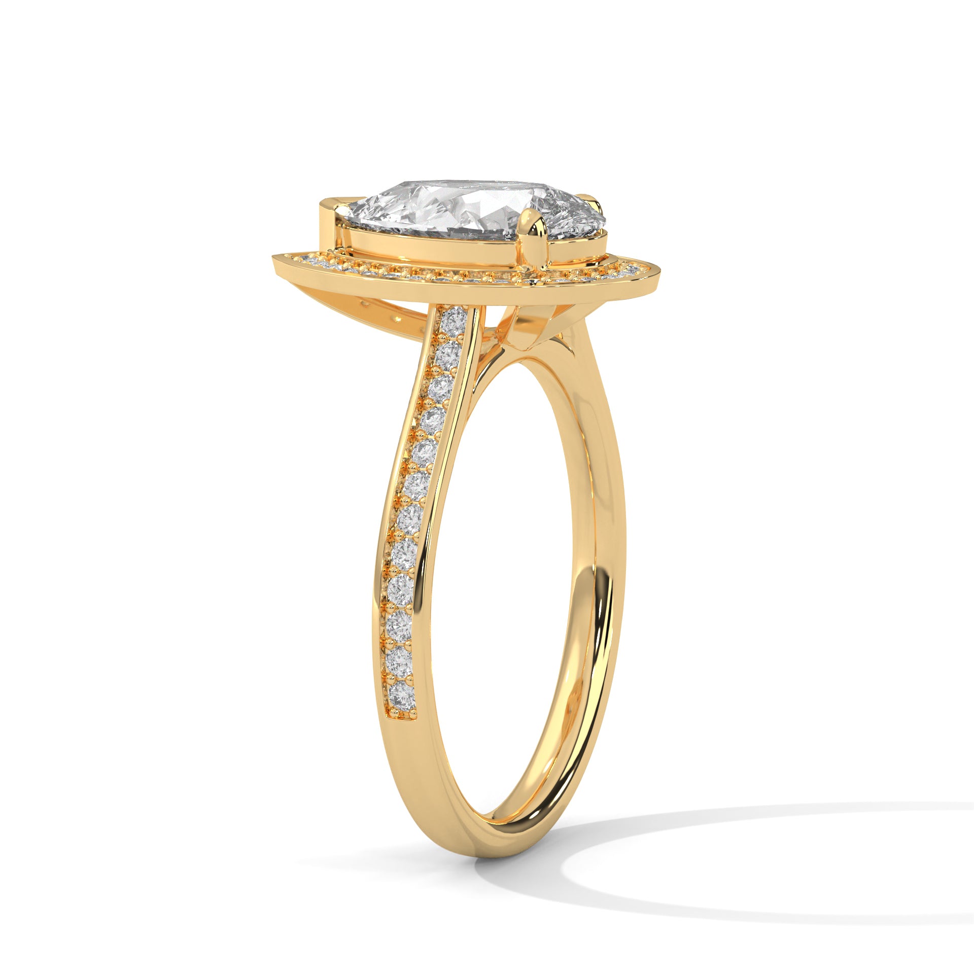 1–3 Carat Pear Lab Grown Diamond Halo Ring with Pavé Band – 18K White, Yellow or Rose Gold