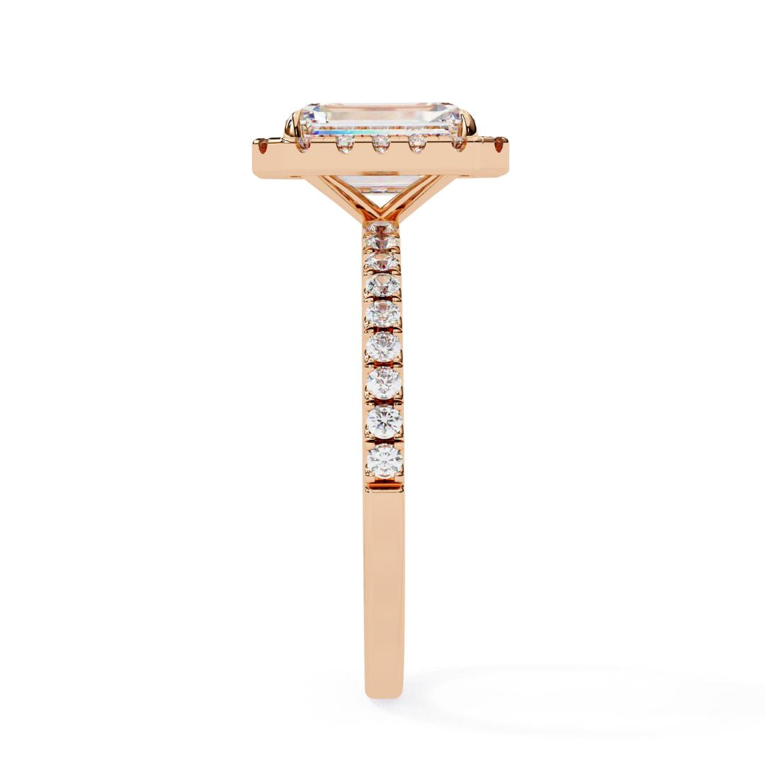 1–5 Carat Emerald Cut Lab Grown Solitaire Diamond Halo Ring in 18K Gold | Pavé Band
