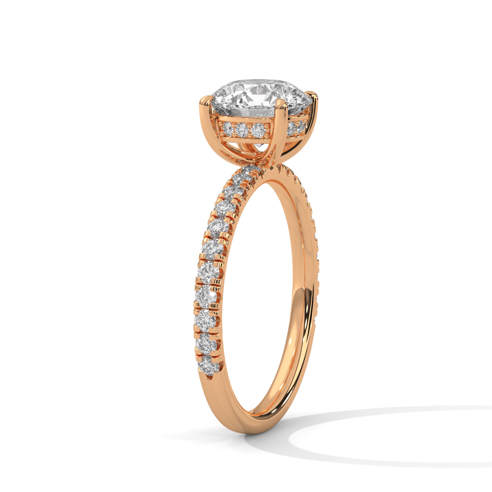 1–3 Carat Round Lab Grown Diamond Solitaire Ring with Hidden Halo & Pavé Band – Four Prong Setting in 18K Gold