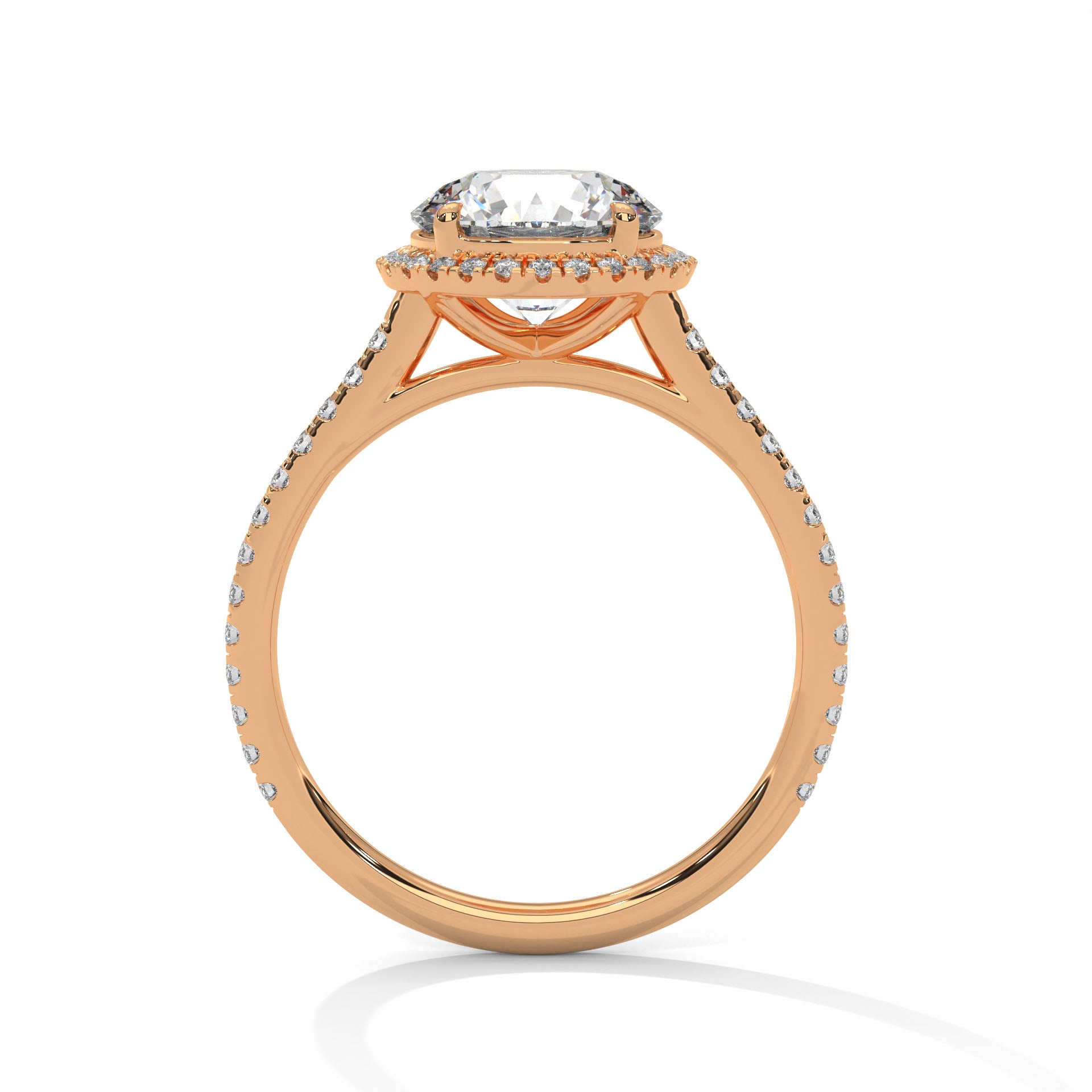 1–3 Carat Round Lab Grown Solitaire Diamond Halo Ring with Pavé Band – Four Prong Setting in 18K Gold